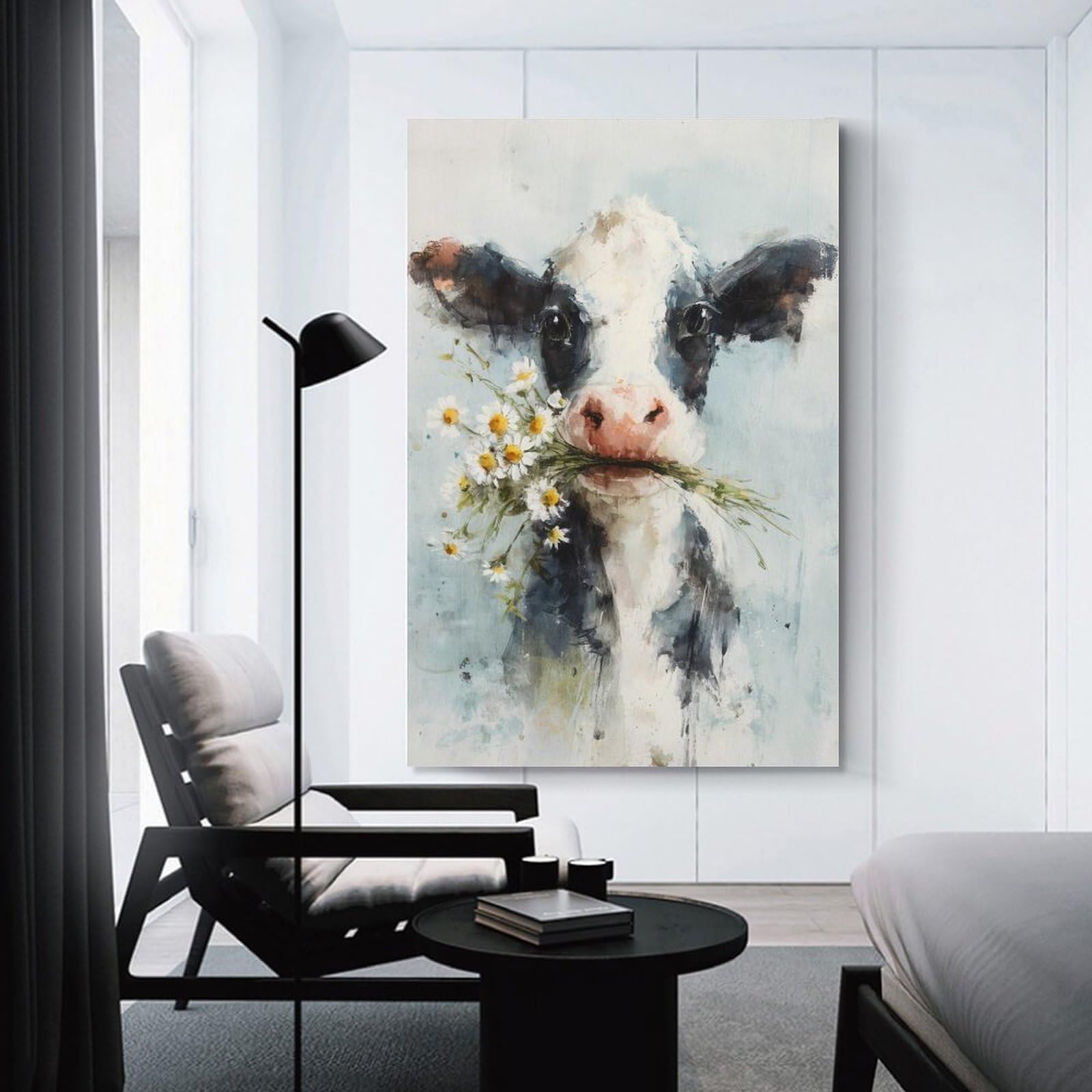 Junmoney Unframe-Style-5 Home Decor Wall Art Cow With Flowers Art Print, 12X18inch(30X45cm), For Bedroom Decor, Cosy Corners Or Studios, Decorative Wall Art For Cosy Rooms