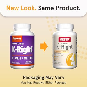 Jarrow K-Right with Vitamin K2 MK-7 and Vitamin D3, 60 Softgels | Dietary Supplement for Bone & Cardiovascular Health Support, Gluten Free Softgels, Vitamin K-Complex (K1, MK-4, MK-7, D3)