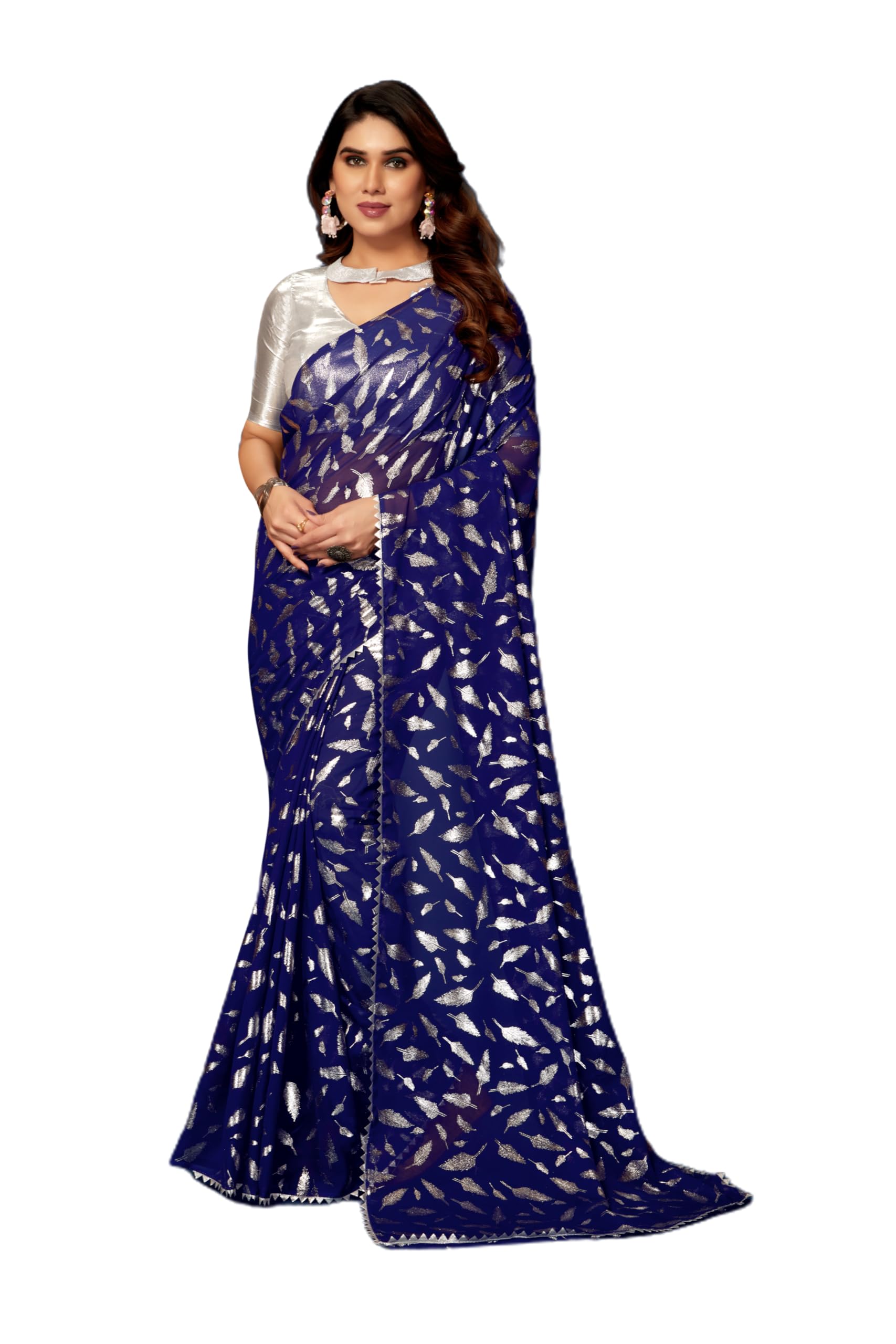 Georgette Saree with Silver Foil Print and Elegant Temple Lace Border With Art Silk Blouse