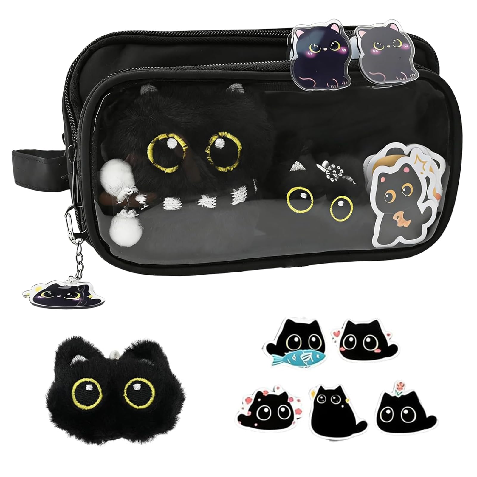 WQorphix Cat Pencil Case Set, Kawaii Pencil Case, Cat Stationery, Large Capacity Detachable with 10 Layer Pouch and Zipper, for School,Office,Kids & Teens(Black Cats)
