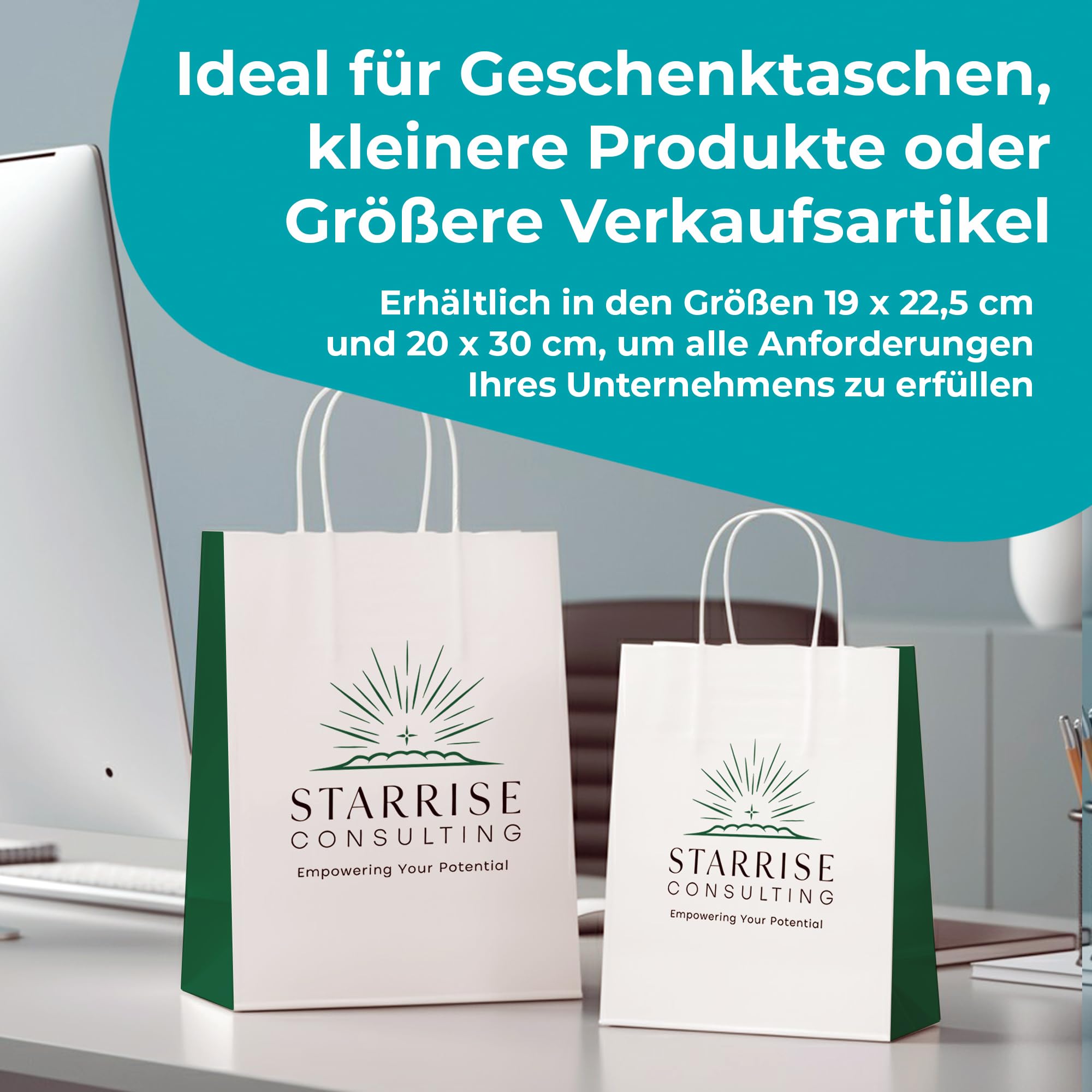 Cimpress Personalisierte Papiertüten mit Henkel weiß, Foto, Logo oder Text hinzufügen, 22 × 30 cm Dezenter Aufdruck, 250 Stück, Kraft-Geschenktüten für Einzelhandel, Boutiquen, Geburtstage, Hochzeiten
