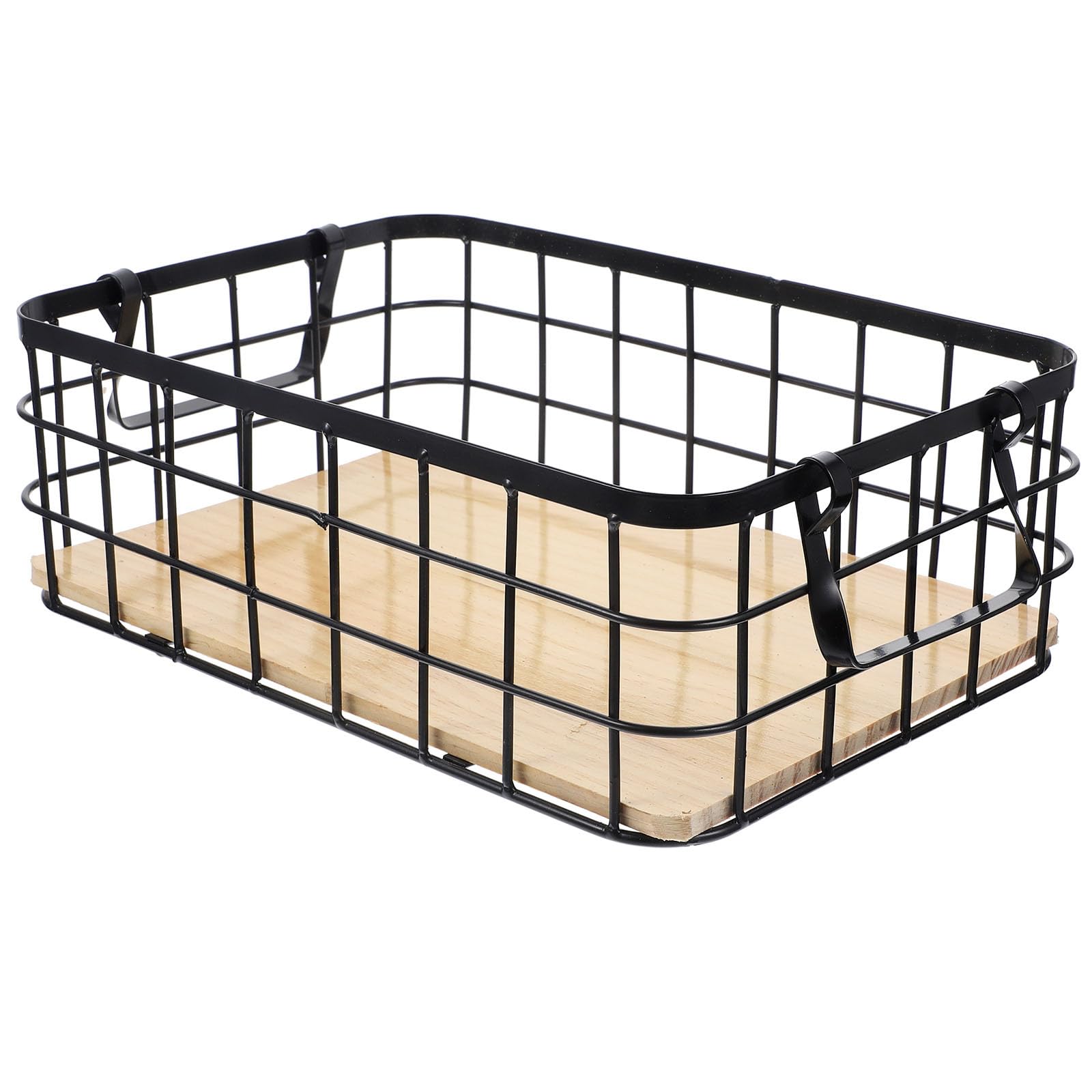 Schwarzer Drahtkorb mit Griff, Holz und Eisenkonstruktion für Küche | Aufbewahrung für Obst und Küchenbedarf, Formstabil und Robust, Schlichtes Design, Innen und Draußen Nutzbar