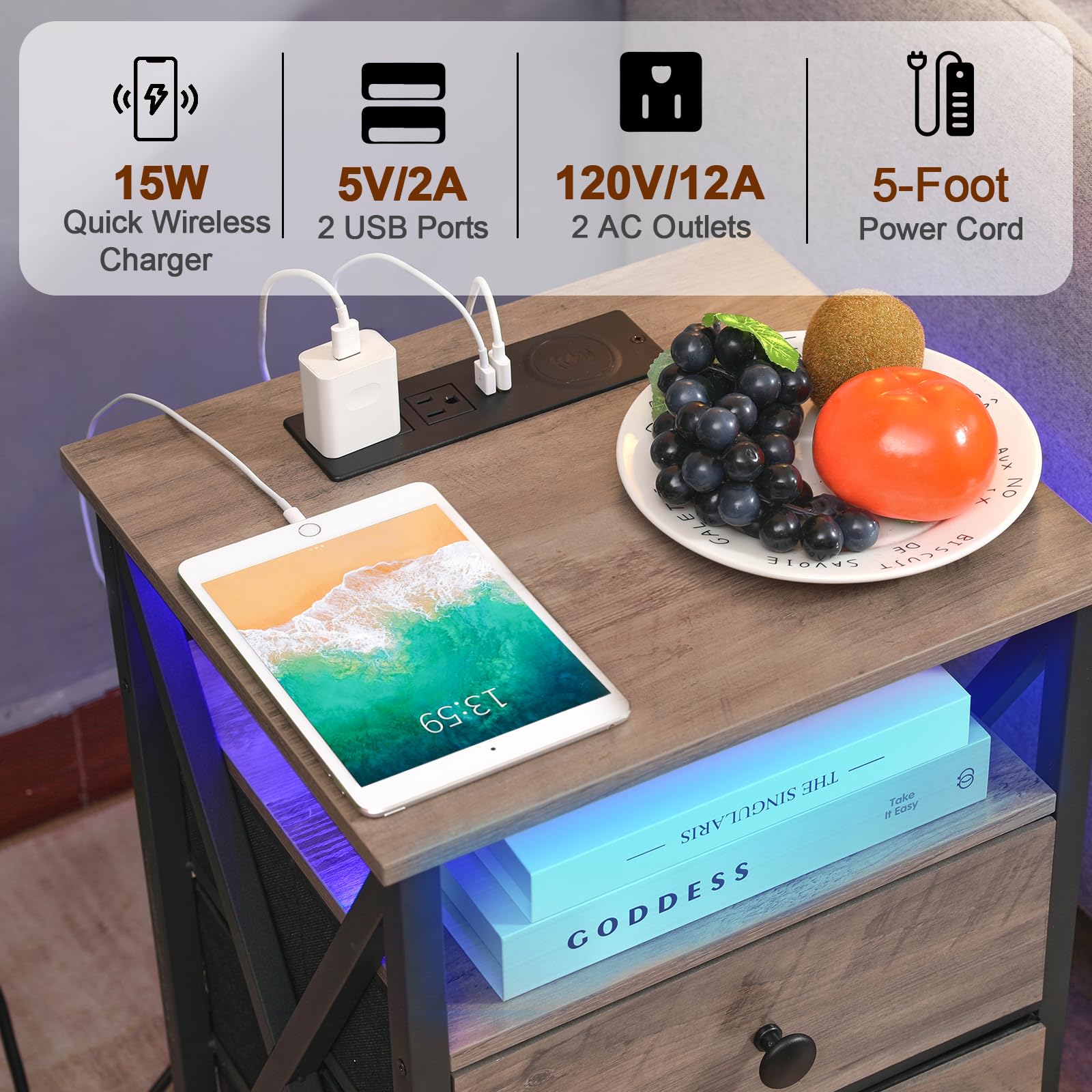AMHANCIBLE LED Nightstand with Wireless Charging Station, Smart End