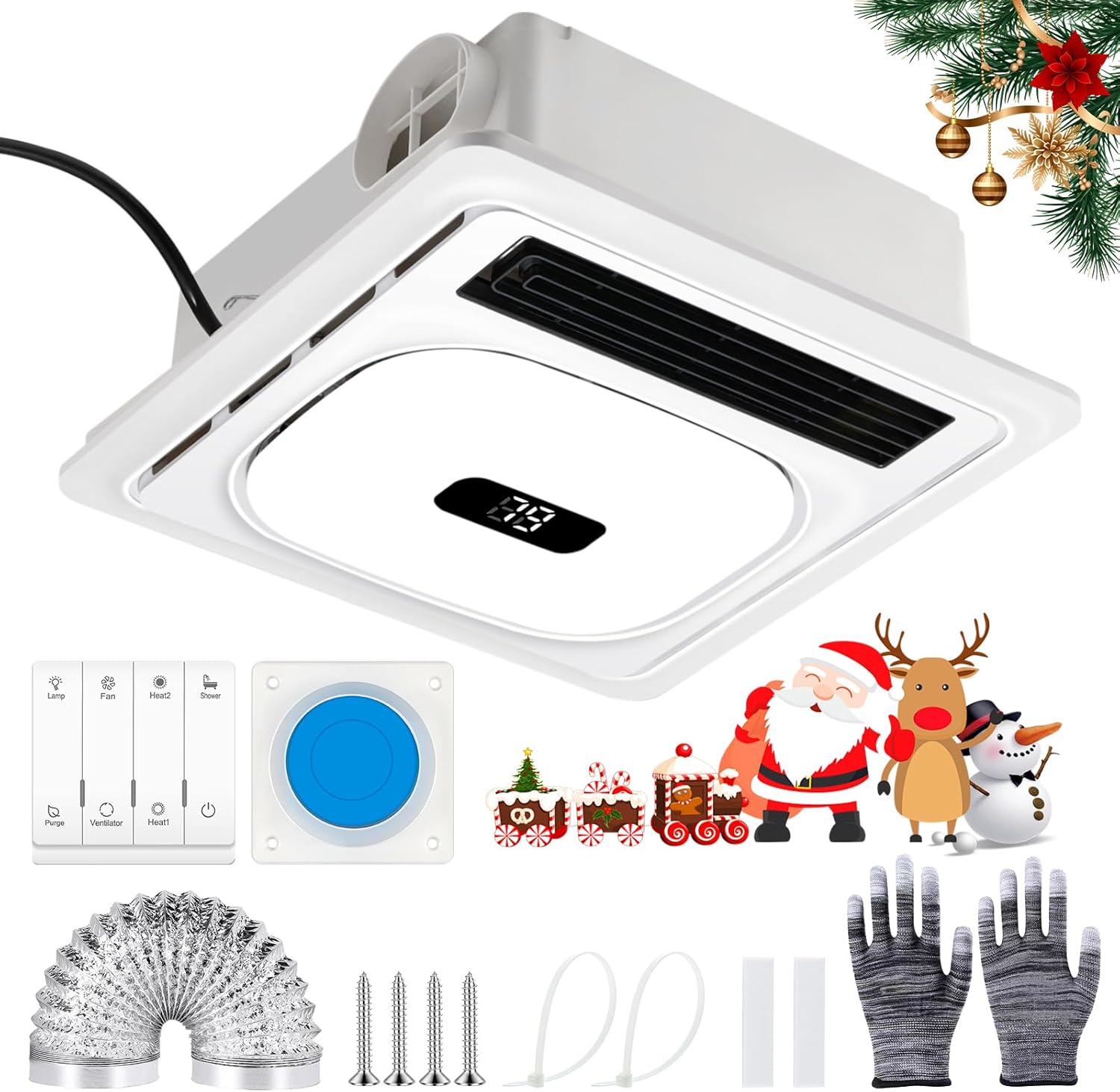 4-in-1 Bathroom Exhaust Fan with Light and Heater 1800W Powerful Ventilation Bathroom Exhaust Fan with Heater 13.8in Panel Digital Display 3-Color LED Lighting Quiet (Style B, Ambient Light)