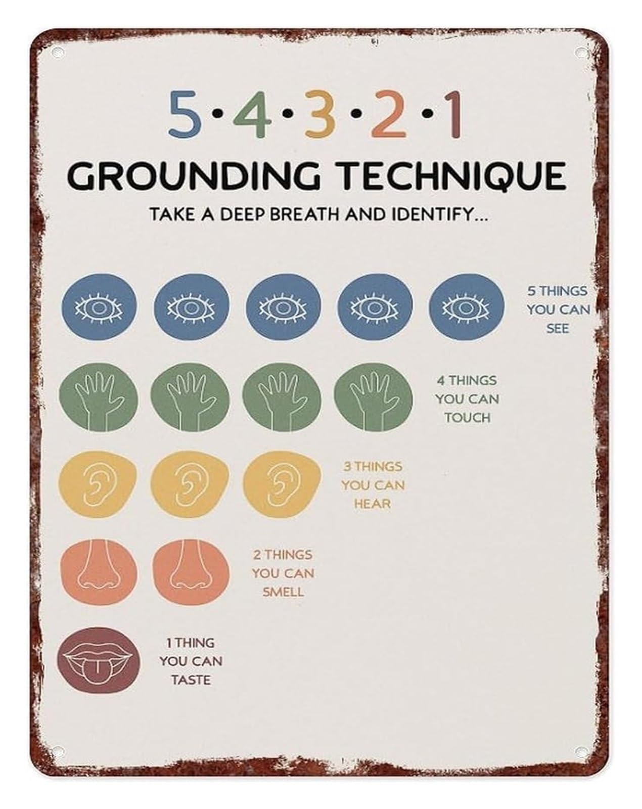 Coping Skill Metal Tin Sign Five Senses 54321 Grounding Technique Wall-Art For Therapist Office Counseling Room Clinic Decor 8 X 12 inch