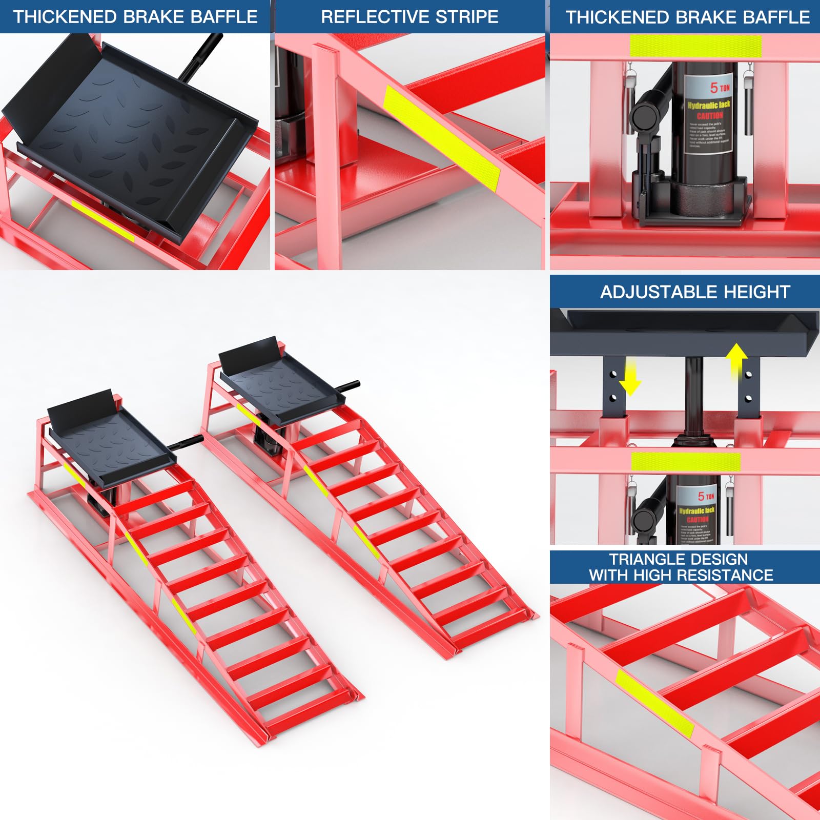 LARBANKE 2 Pezzi Rampe di Carico Idrauliche da 5 Ton, Rampe per Auto con Strisce Riflettenti, altezza regolabile da 24,9 a 38,1 cm, Ponte Sollevatore per Cambio Olio e Garage