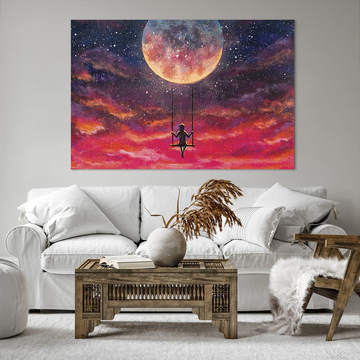 Decorazione Parete Quadro Vetro Moderno Luna E Stelle 120x80cm - Soggiorno  O Camera Quadri Soggiorno Grandi Dimensioni, image size:1200x1200
