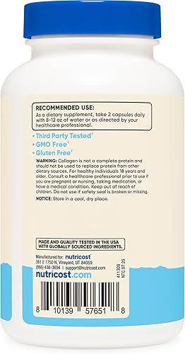 Miniatura 4 de Nutricost BioCell Colágeno (1,000 mg) 120 cápsulas - Suplemento de colágeno hidrolizado tipo II, sin OMG, sin gluten, 60 porciones