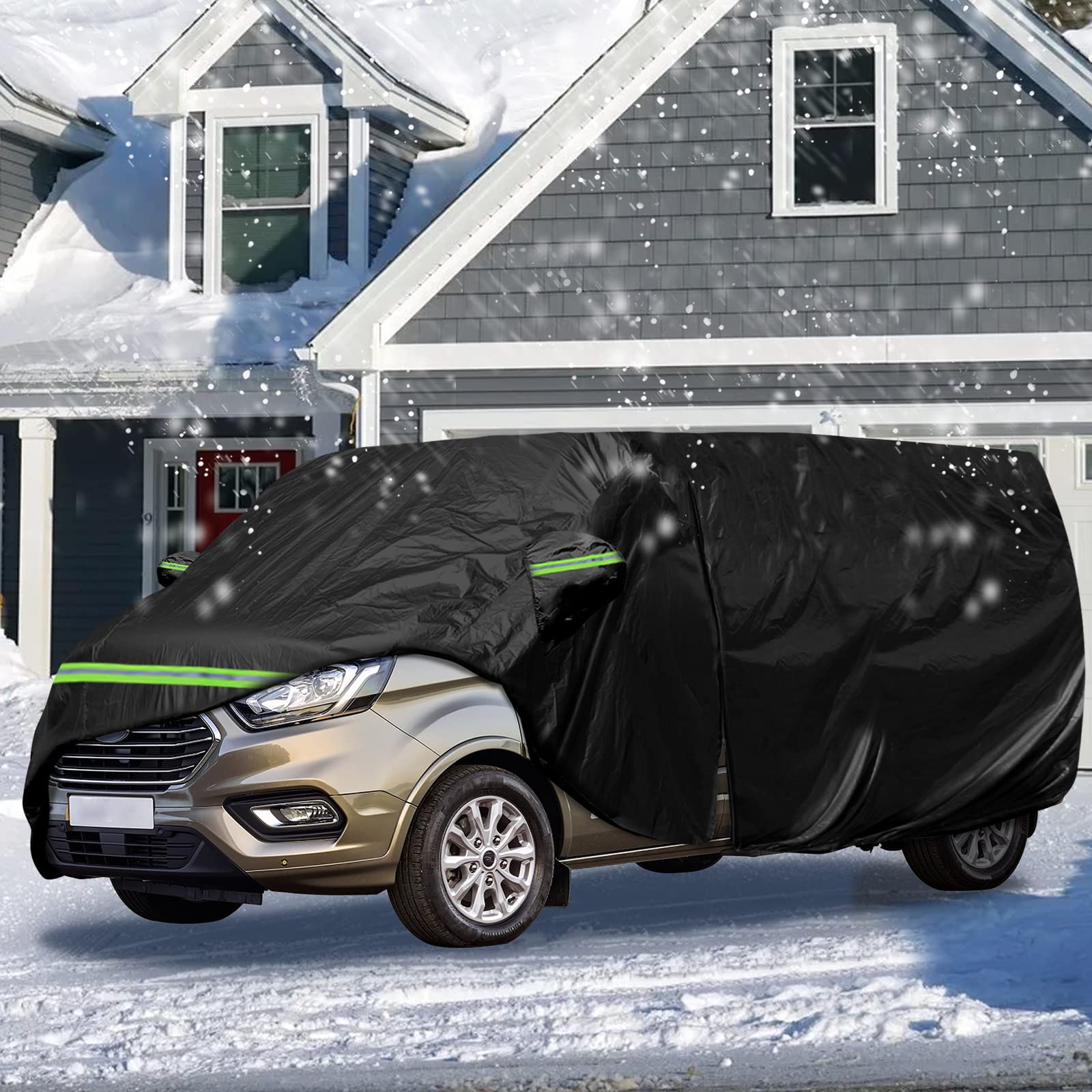 Autoabdeckung Vollgarage Ersatz für Ford Transit Custom L1H1 2012-2022 | 300D Allwetter Wetterfeste Autoabdeckung für Drinnen und Draußen mit Reißverschlusstür und Winddichtem Gurt