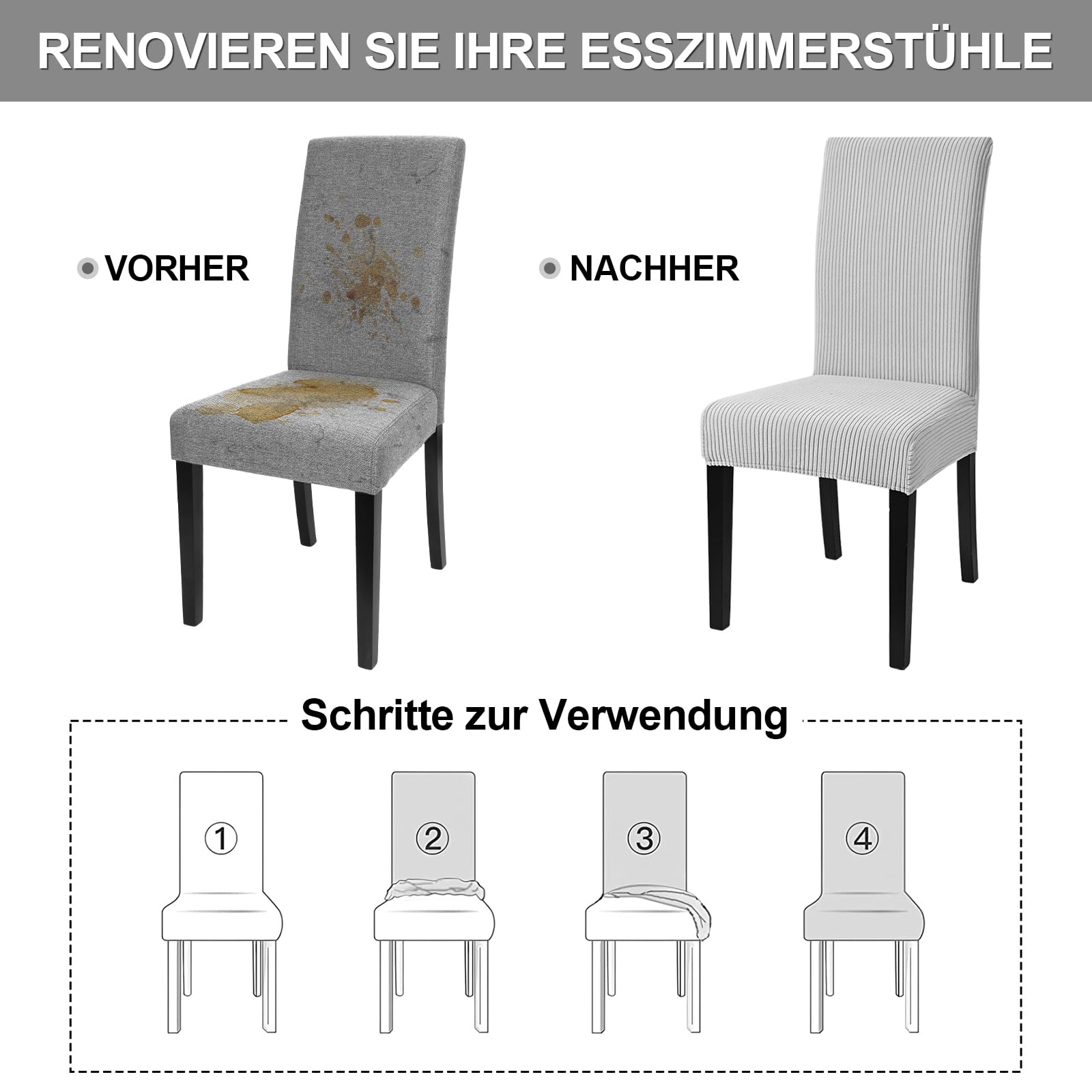 Alishomtll Stretch Stuhlhussen Kurzflor Stuhlbezug 6er Set Hellgrau | Universal Streifen Stuhlhussen, Elastisch Abnehmbar Stuhlbezug, Waschbarer Stühle Schutz für Küche Esszimmer Hotel Bankett