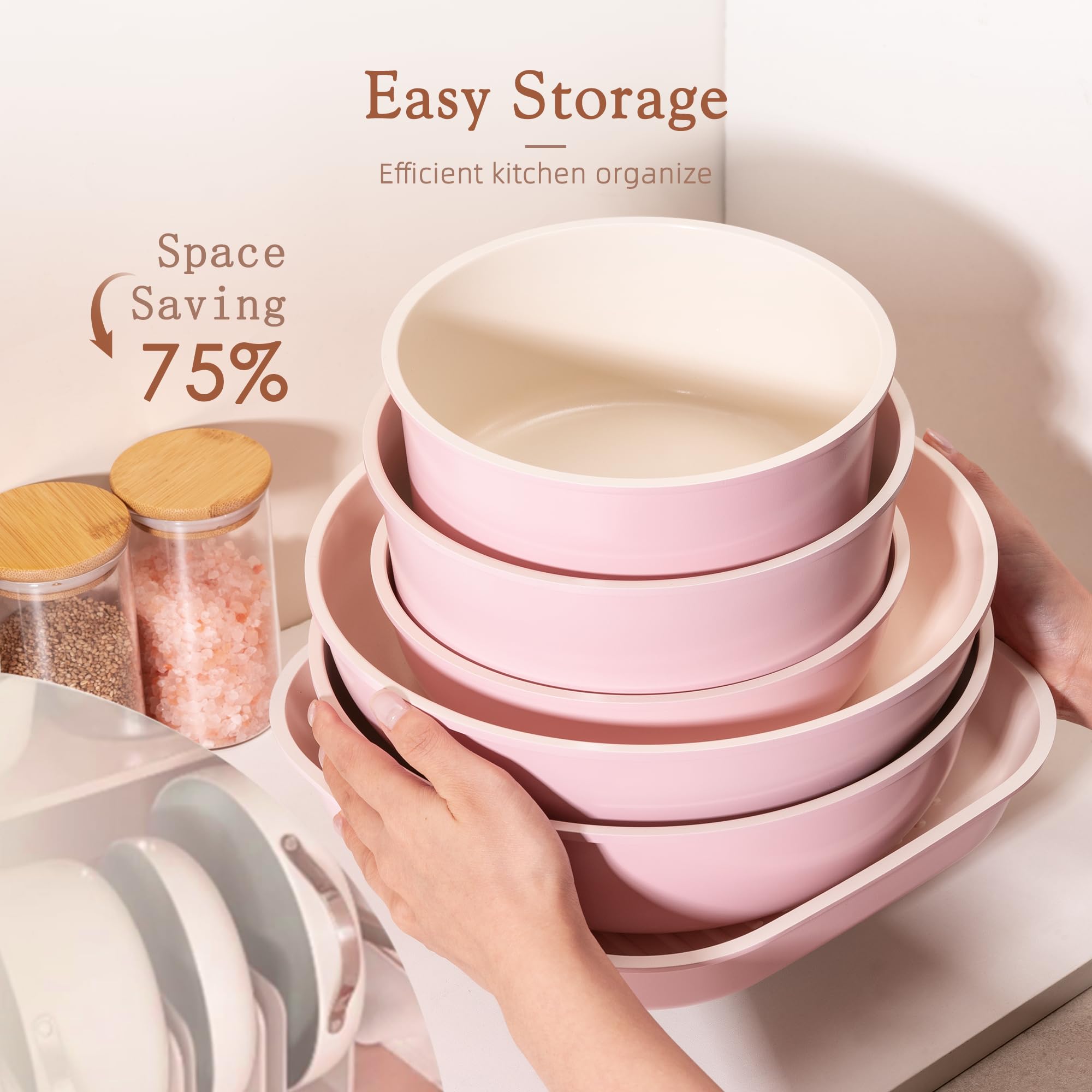 Astercook 23 Pcs Pots and Pans Set Non Stick, Ceramic Cookware Set Detachable Handle, RV Kitchen Cooking Set Removable Handles, Oven Safe, Induction Ready, Stackable, Pink, Mothers Day Gifts view 5