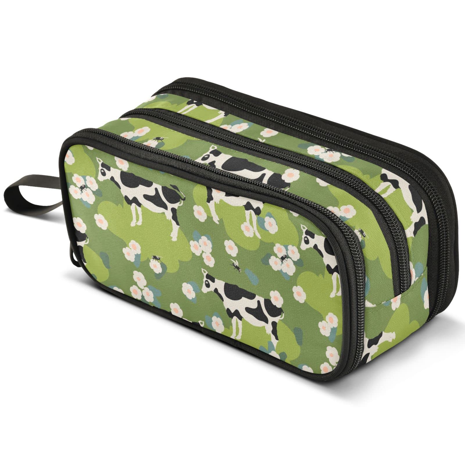 Green Cow Flowers Pencil Case Large Capacity Pen Pouch Makeup Bag with 3 Compartments Pen Holder Organizer Stationery Bag for Girls Womens