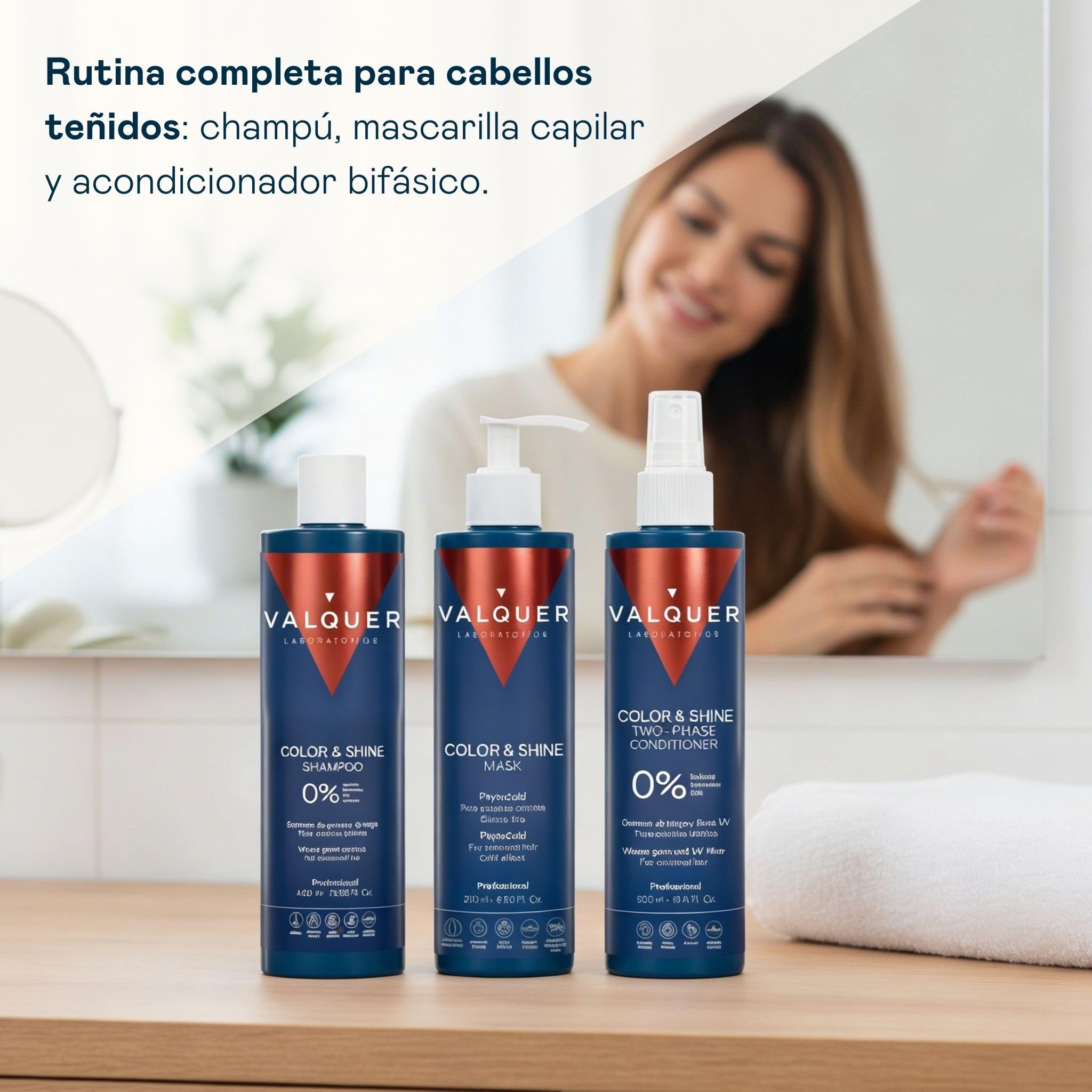 Valquer Pack Potenciador Color y Brillo para Cabello Teñido | 875 ml | Champú 400 ml, Mascarilla 275 ml y Acondicionador Bifásico 300 ml | Fórmula Zero con Extracto de Germen de Trigo | Vegano