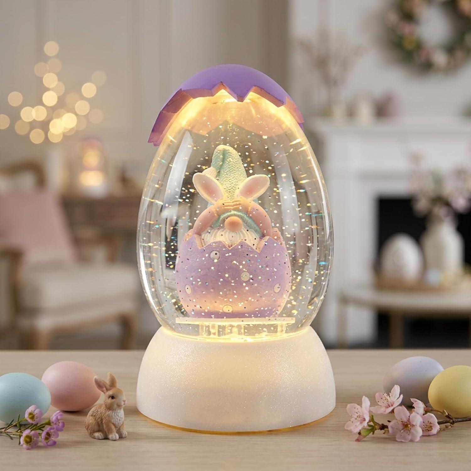Gnome Easter Snow Globe, Easter Bunny Snow Globe Eggs Spring Decor with Swirling Glitter, 6H Timer, USB or Battery Powered, See No Evil Gnome Snowglobe for Tabletop Decor Gift 7.4 Inch (Purple)