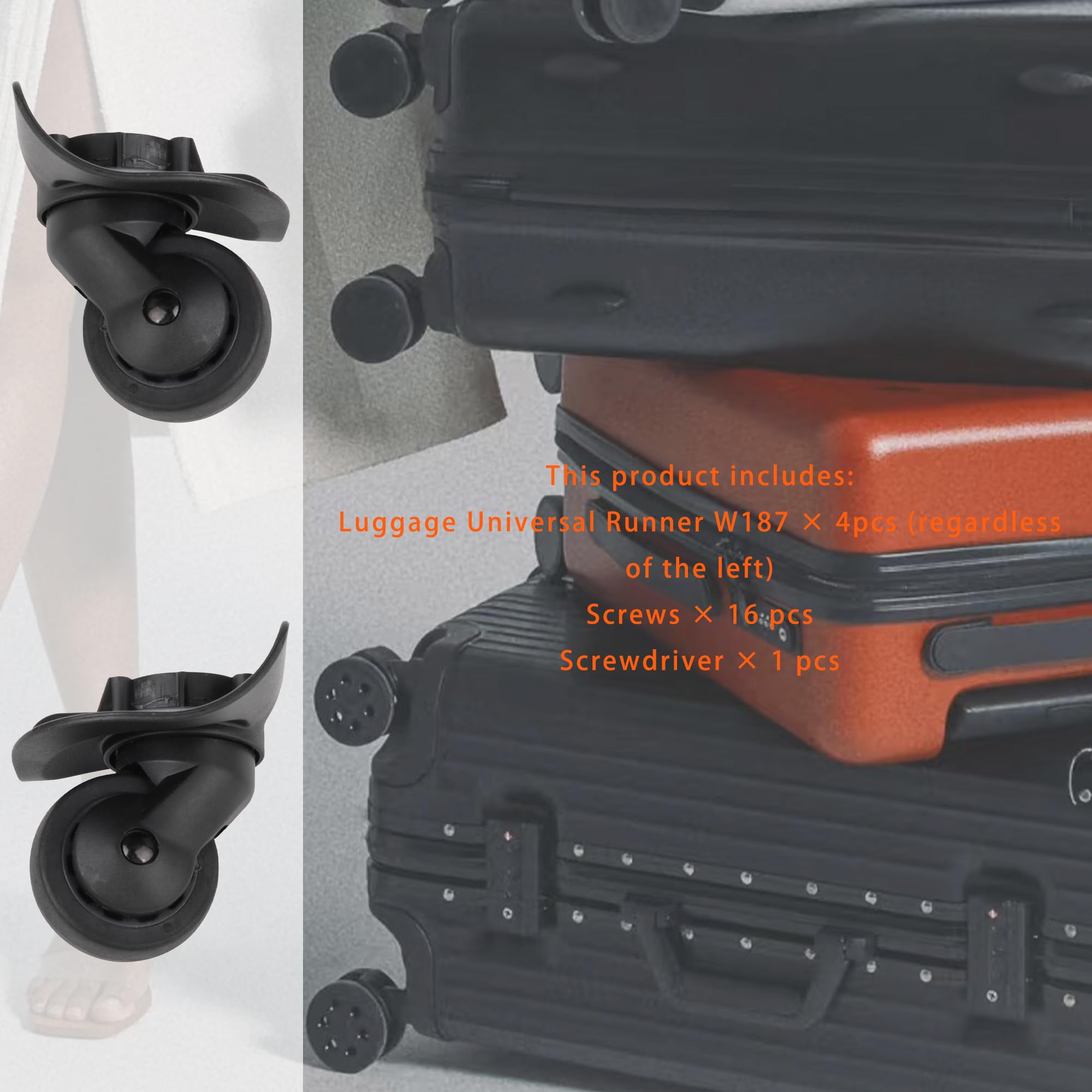 2 pares de ruedas de repuesto para equipaje, giratorias 360 grados, ruedas dobles para maleta, color negro (W187), Black, W187, juegos de equipaje