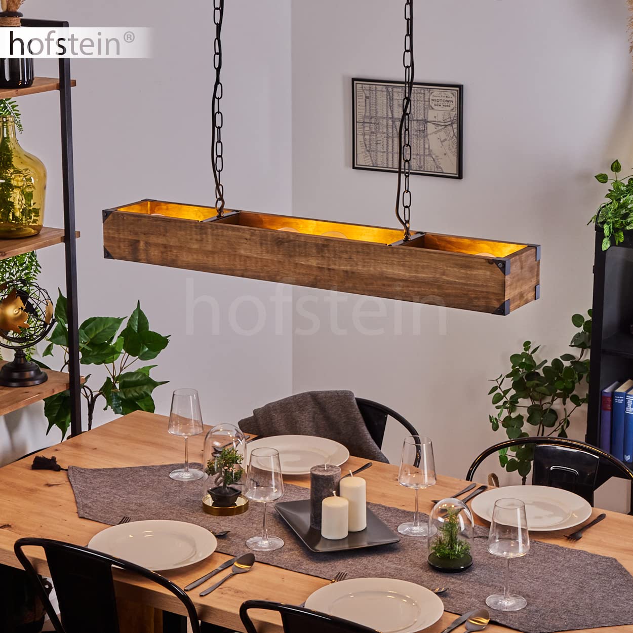 Lampada a sospensione Olomouc, lampada a sospensione in metallo nero, lampada a sospensione con asta in legno, anelli di catena e paralumi regolabili, altezza massima 119 cm, 4 x E27,senza lampadina/e