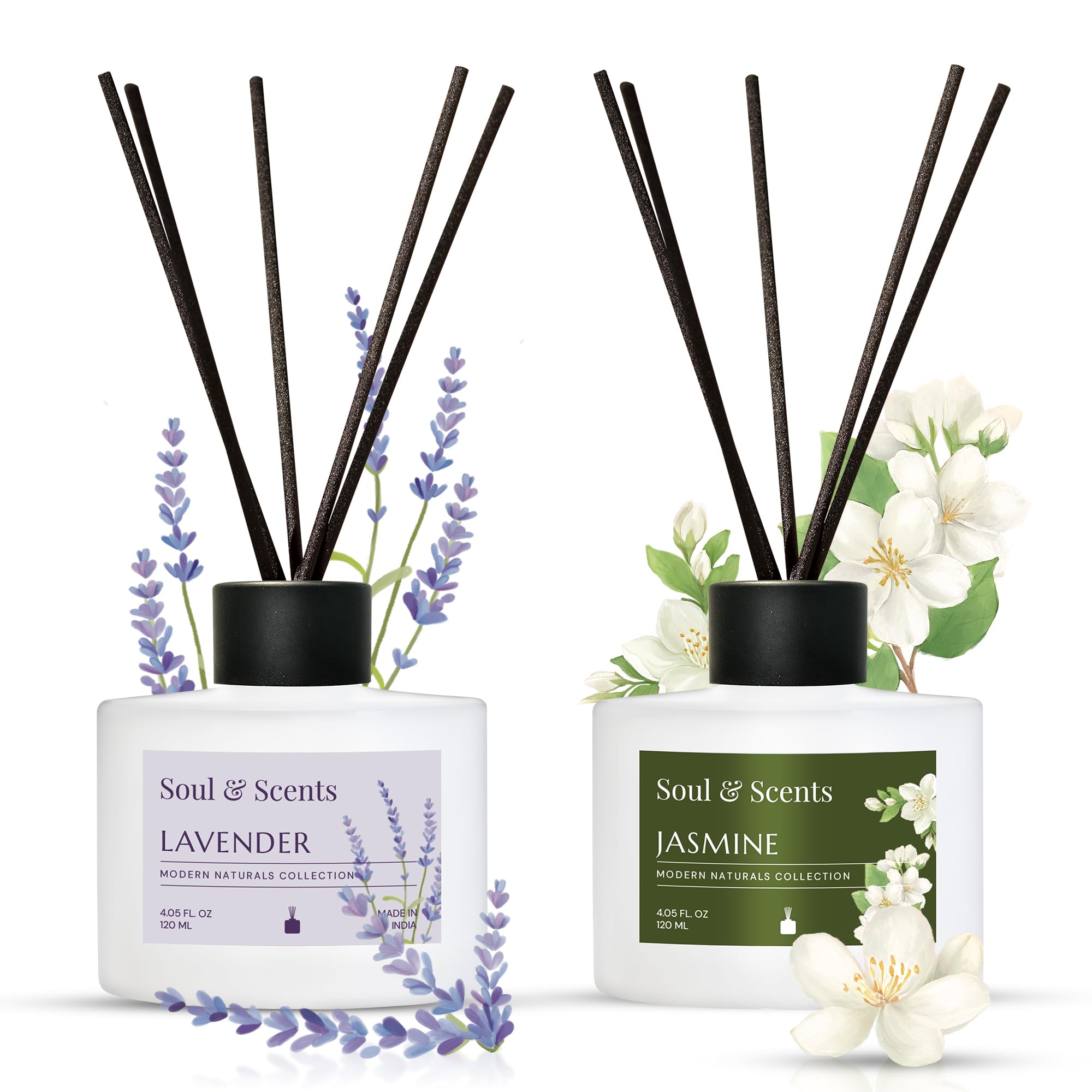 Soul & Scents Lavender and Jasmine Reed Diffuser Set - 120ml with Free 6 Fiber Reed Sticks Each| Toxin Free & Stress Relief| Long Lasting | Room Freshener for Home, Bedroom & Office| Combo Pack of 2