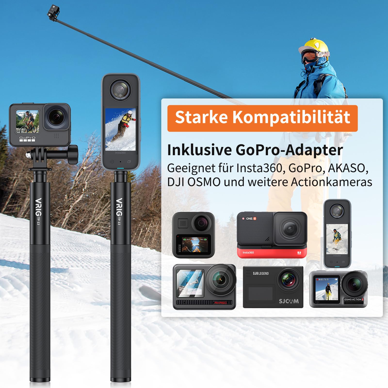 VRIG 131 cm Unsichtbarer Selfie-Stick für Insta 360 X5/ X4 Air/ X4/ X3/ DJI Osmo 360, 7-Stange Verlängerungsstange mit Gopro-Adapter Kompatibel mit Mission 1 Pro, Hero 13, Action-kameras