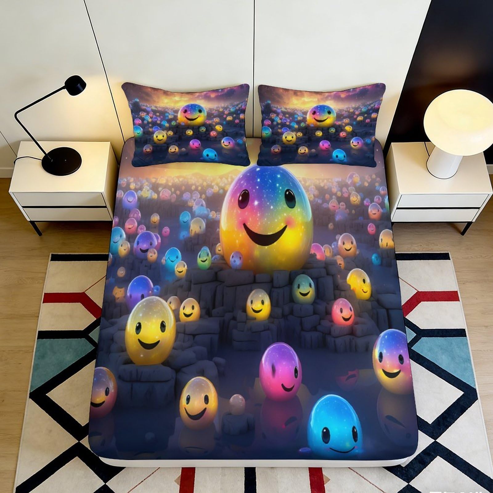 3D Printed Colorful Smiley Faces Fitted Sheet Microfiber Soft Breathable Happy Emoji Mattress Cover for Bedroom Dormitory Guest Room Mattress Protection Decor 200x200x25cm