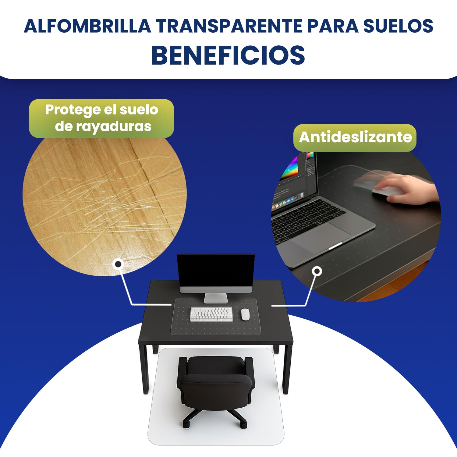Protector Suelo Silla Ruedas 90x120 cm, Alfombra Silla Escritorio Transparente PVC Duro Antideslizante para Parquet Laminado Vinilo, Incluye Alfombrilla 25x30 cm + Adhesivos
