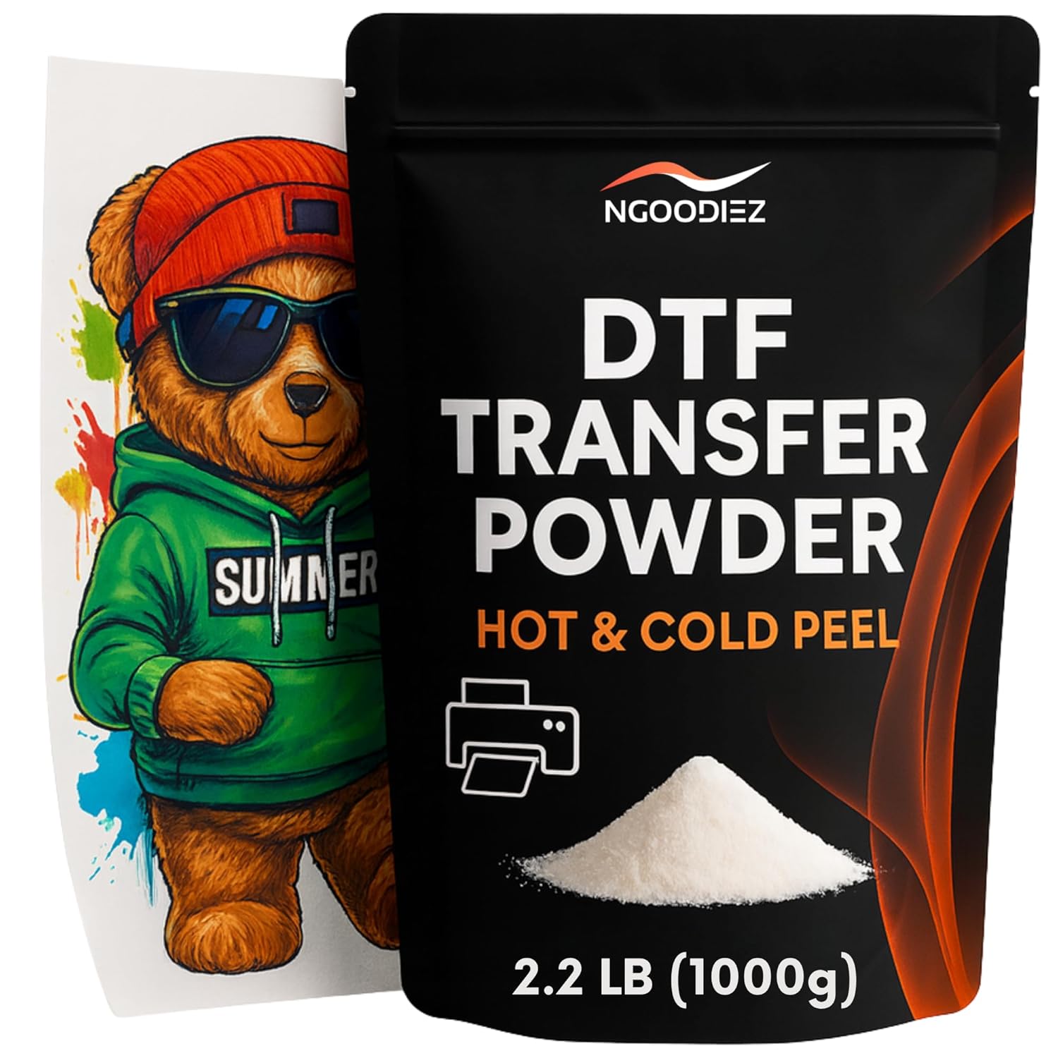 NGOODIEZ DTF Powder White (1kg / 36oz) - Hot Melt Adhesive Transfer Powder 80-200um | DTF DTG Pretreat Powder | No Clumping, Full Melt, Soft Feel | Works on All Fabrics Cotton Polyester