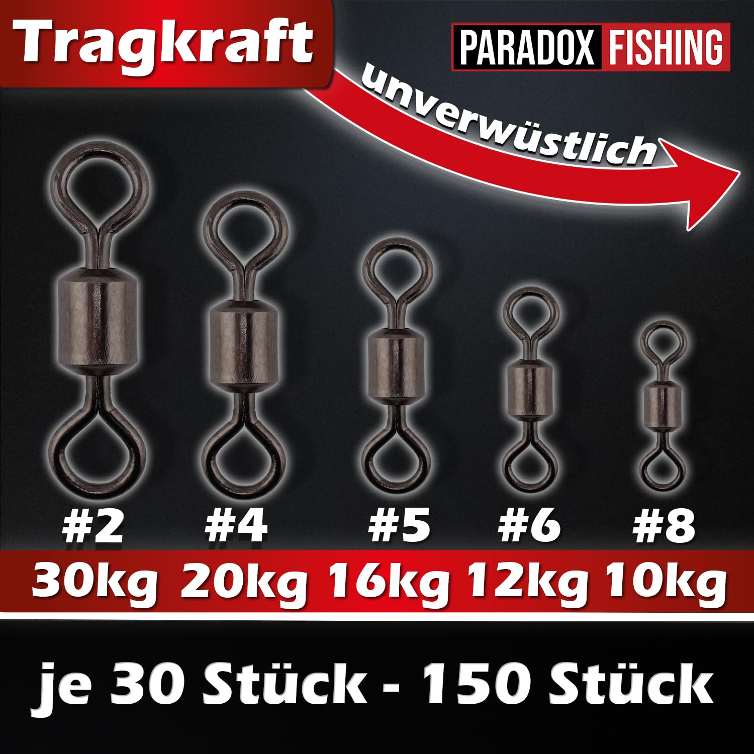 Paradox Fishing Zestaw krętlików baryłkowych 150 sztuk, po 30 szt. #8/#6/#5/#4/#2, krętlik, wędkarstwo, krętlik, zestaw akcesoriów wędkarskich
