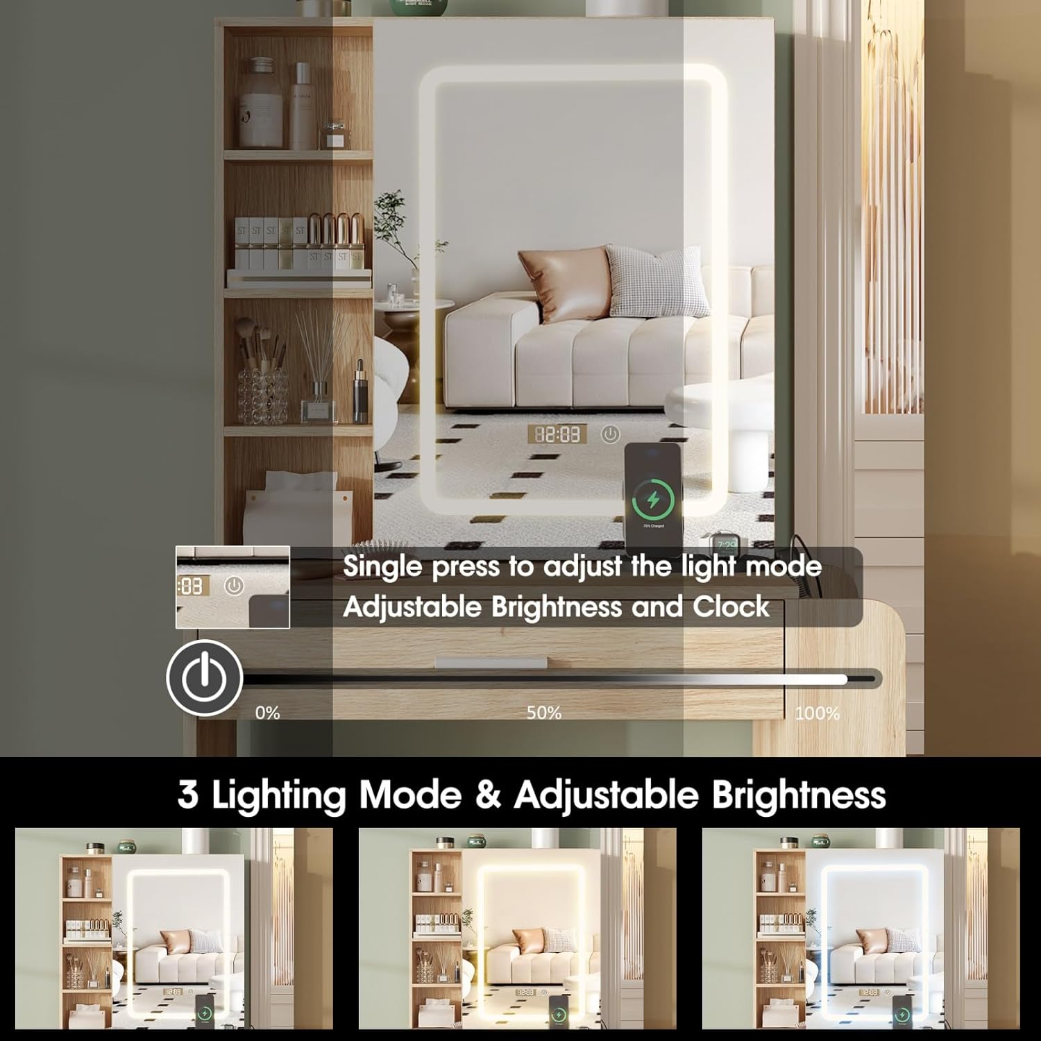 LED Light Mirror Modes and Brightness Adjustment