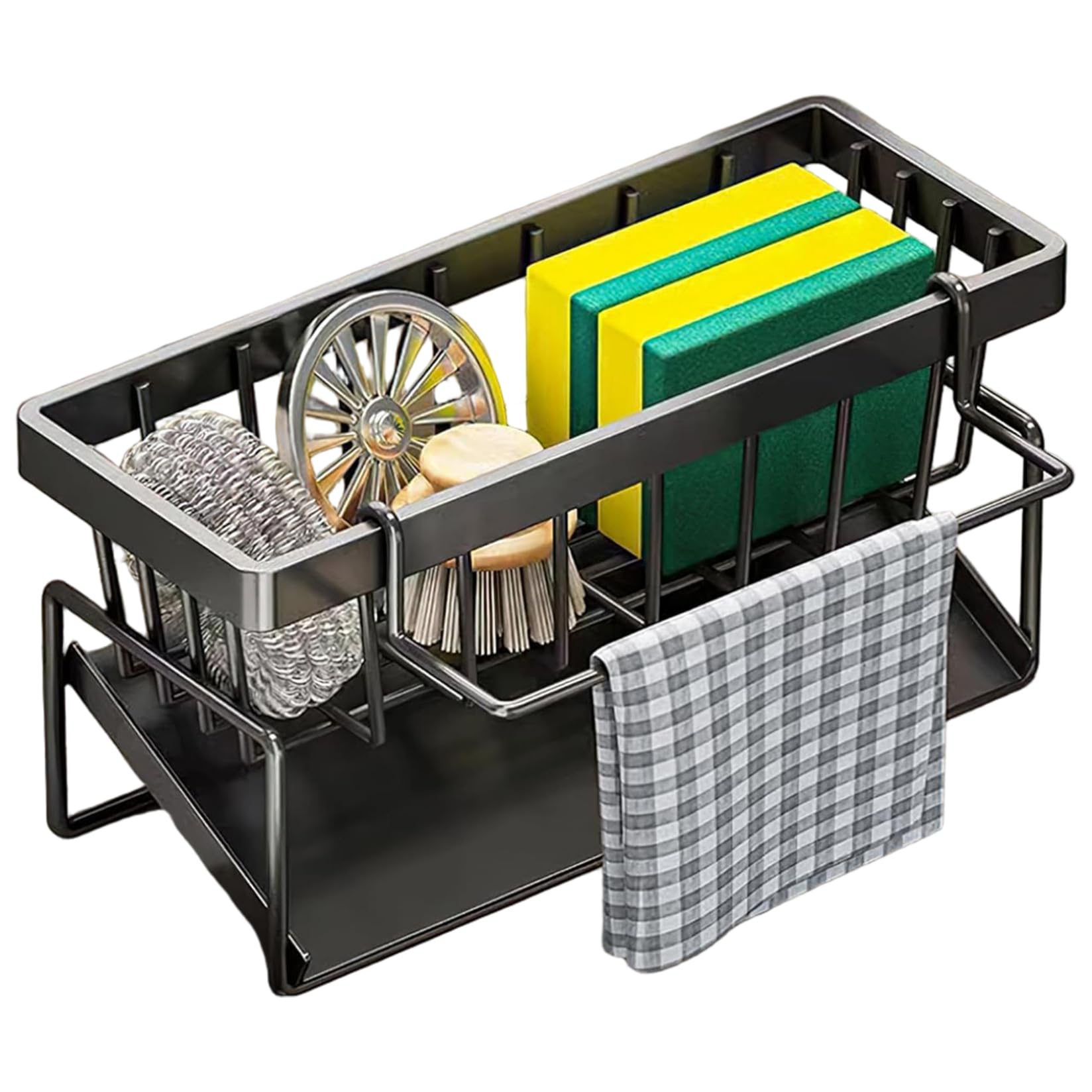 Hintyne Kitchen Storage Sink Caddy with Auto Draining Tray, Stainless Steel Kitchen Sink Organizer with Dish Cloth Hanger for Countertop, Black