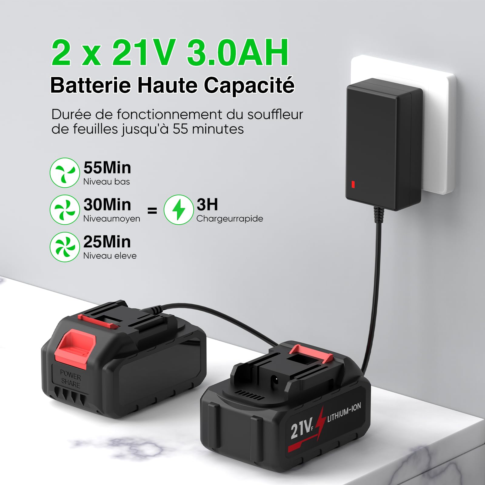 Soplador de batería 42 V (21 V*2), soplador de hojas inalámbrico con 2 x 4,0 Ah Batería y cargador, diseño de doble batería, 12 velocidades, 450 CFM/250 MPH, para patio, césped, jardín, Parkside