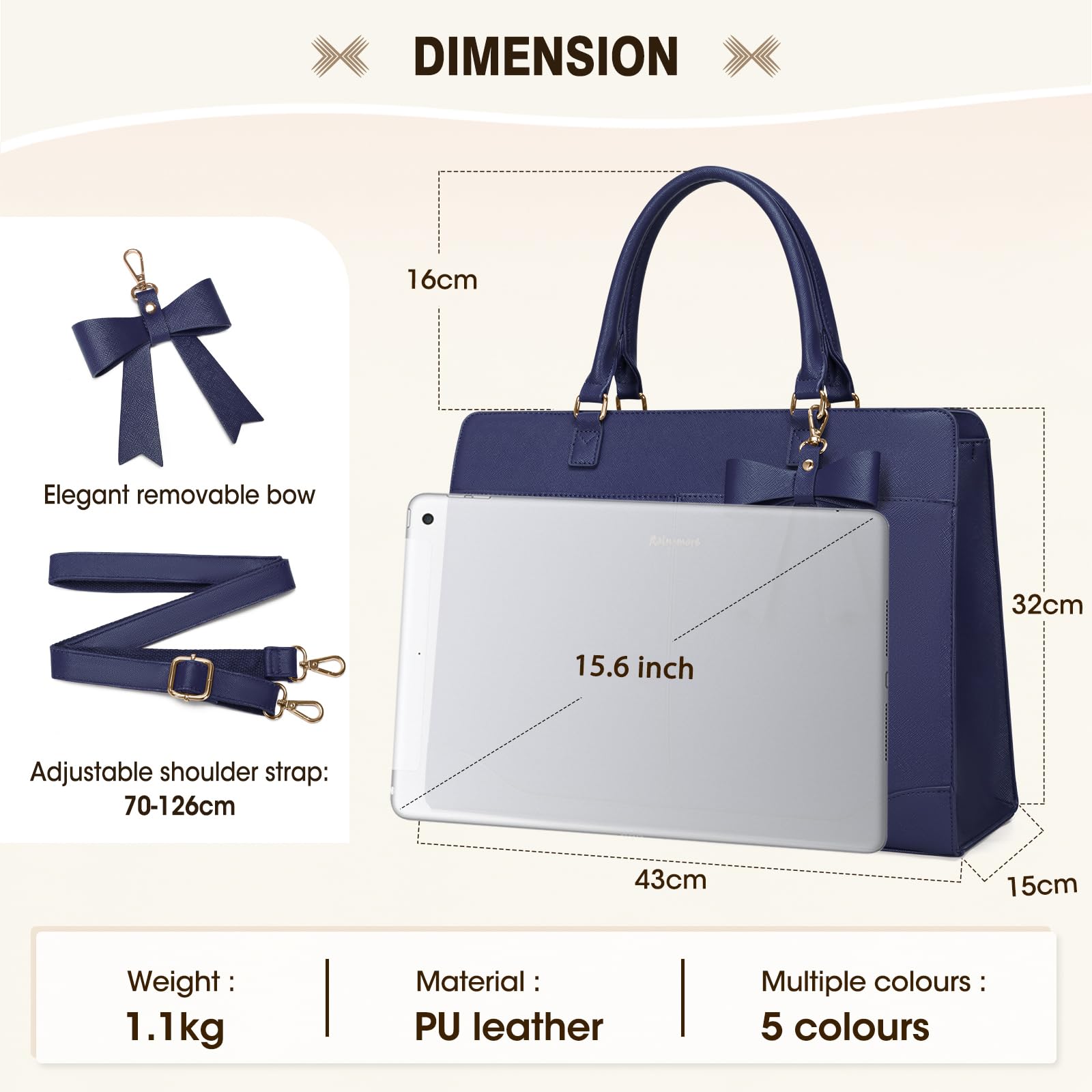 RAINSMORE Bolso Universidad Mujer Grande Impermeable Bolso portatil Mujer 15,6 Pulgadas PU Cuero Trabajo Shopper Tote Bag para Oficina