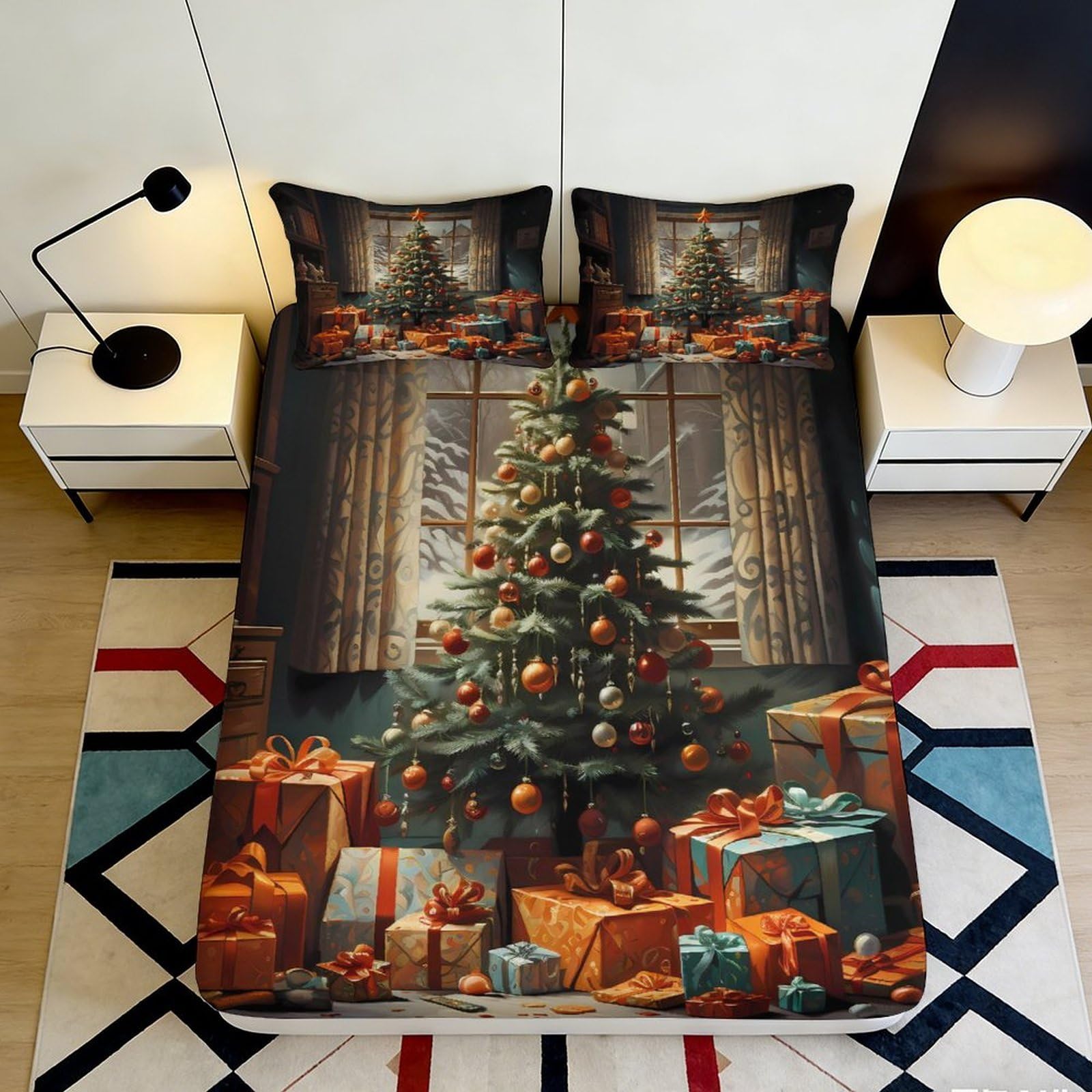 Uynsixtme Style-1 3D Printed Christmas Tree Fitted Sheet Microfiber Deep Pocket Non-Slip Bedding Xmas Mattress Fitted Cover For Bedroom Adult 140X200x25cm