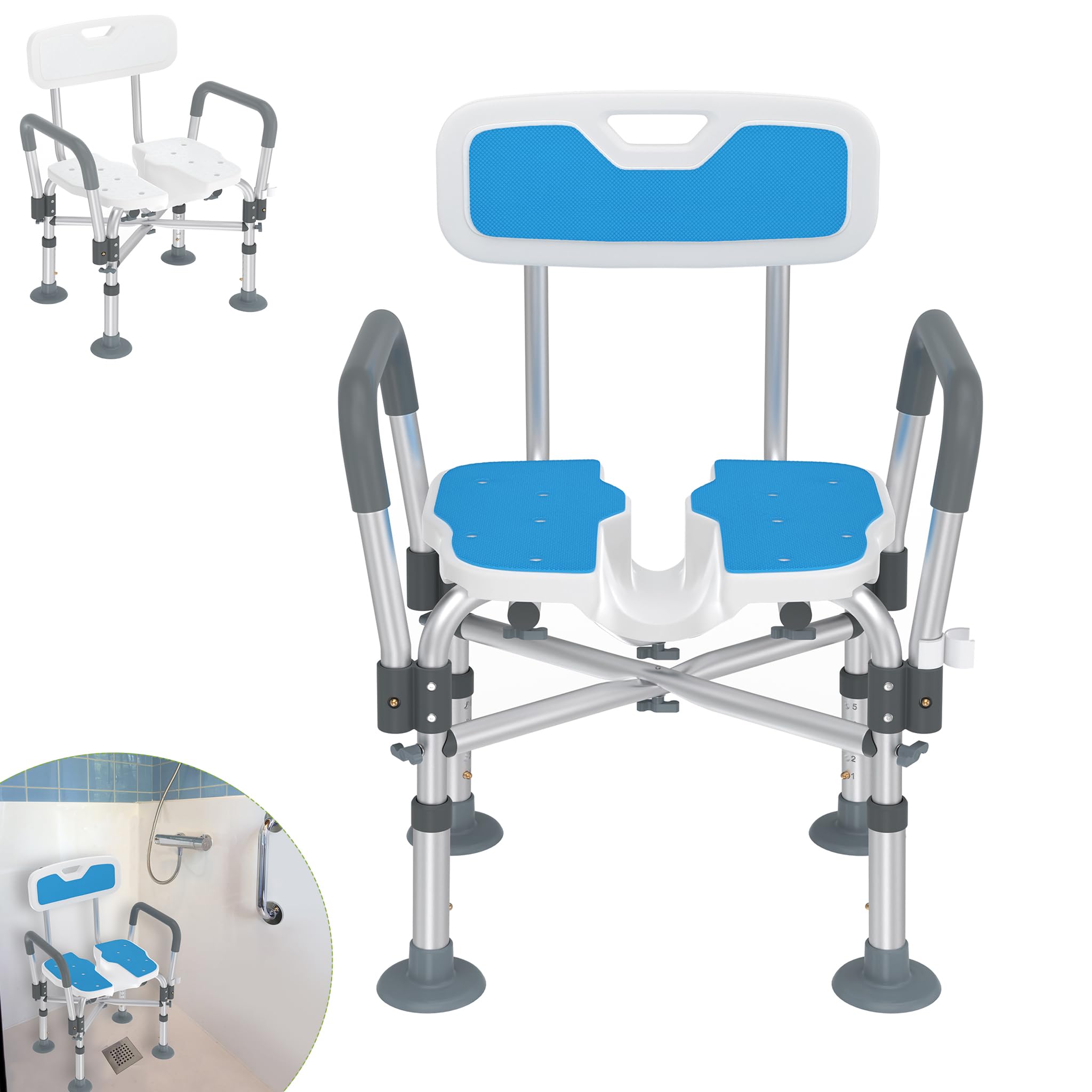 YRHome Krzesło prysznicowe z podłokietnikami i oparciem, krzesło prysznicowe dla seniorów, ergonomiczne, rowkowane, taboret łazienkowy z wkładkami EVA, uchwyt prysznicowy, regulacja wysokości,