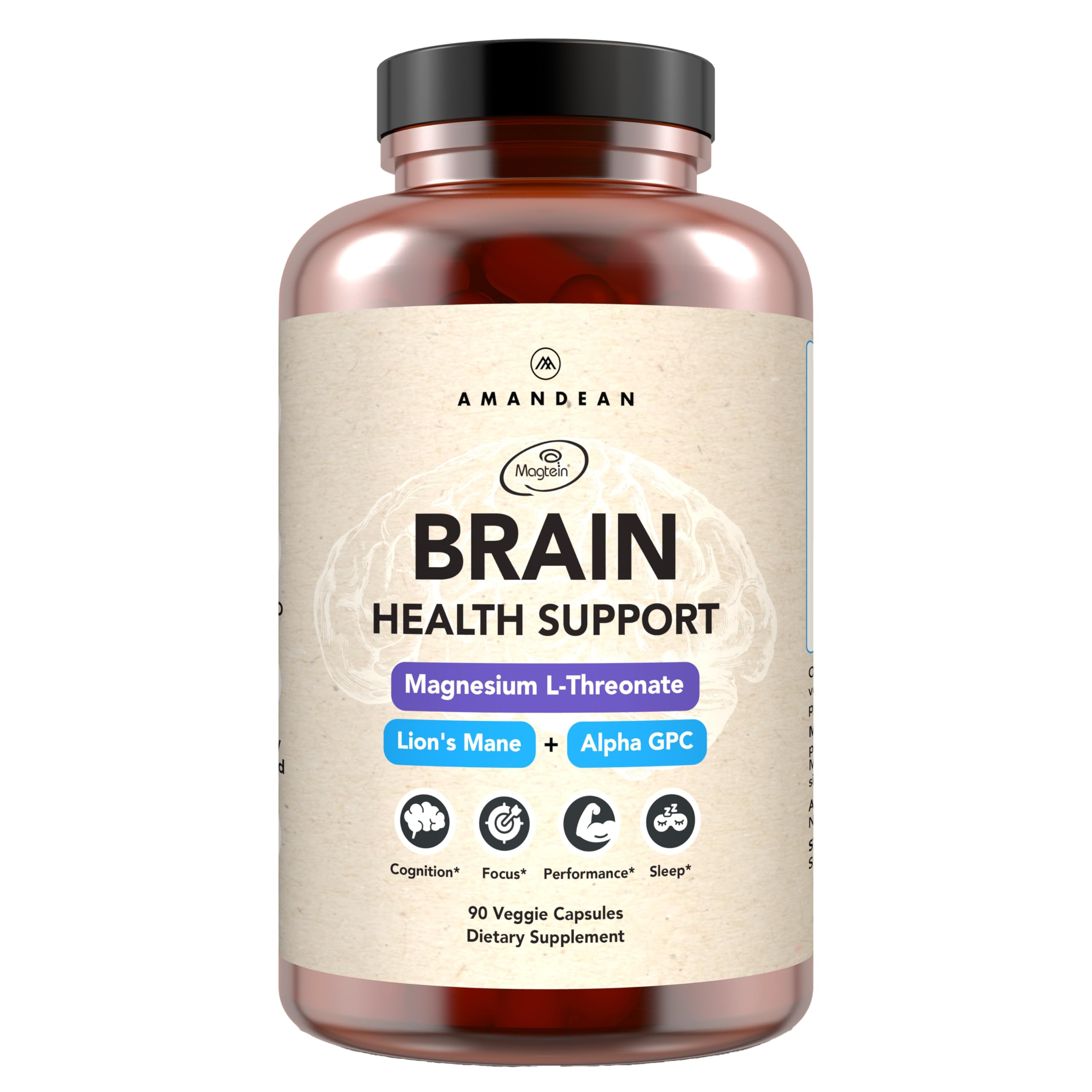 AMANDEAN Nootropic Brain Supplement for Memory and Focus, Mental Clarity and Cognitive Function, Magnesium L-Threonate (Magtein), Lions Mane and Alpha GPC - (90 Veggie Capsules)
