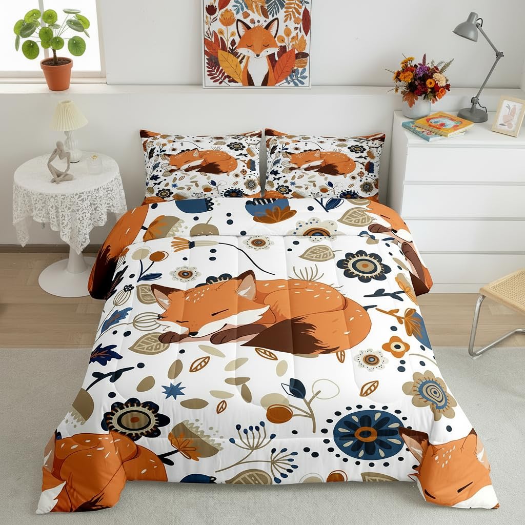 Fox Comforter Set Twin Size, Cartoon Fox Sleeping Wildlife Bedding Set for Kids Teenager, Retro Floral Leaves Comforter with 1 Pillow Cases for All