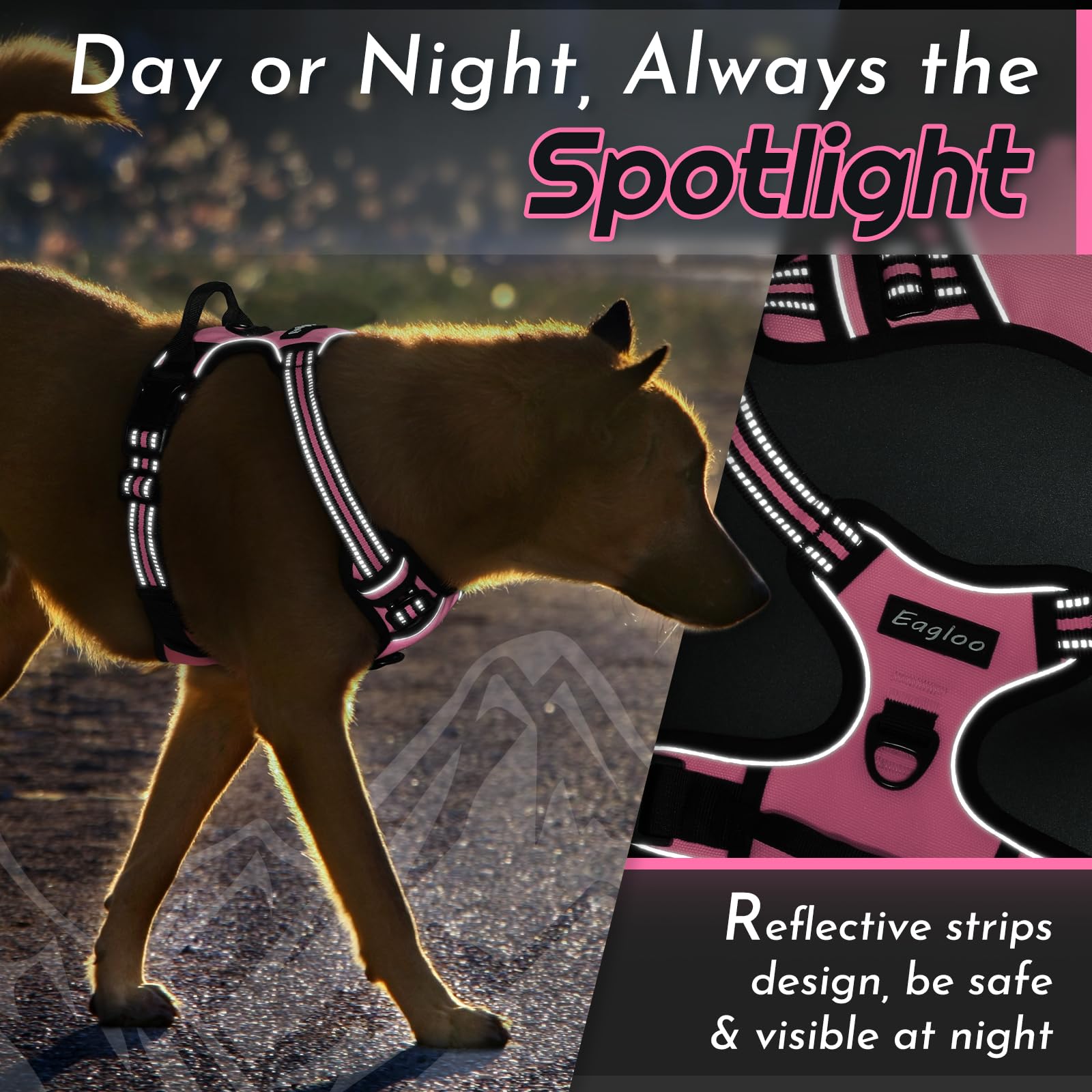 Eagloo Dog Harness for Large Dogs, No Pull Service Vest with Reflective Strips and Control Handle, Adjustable and Comfortable for Walking, No Choke Pet Harness with 2 Metal Rings, Pink, L - image 7