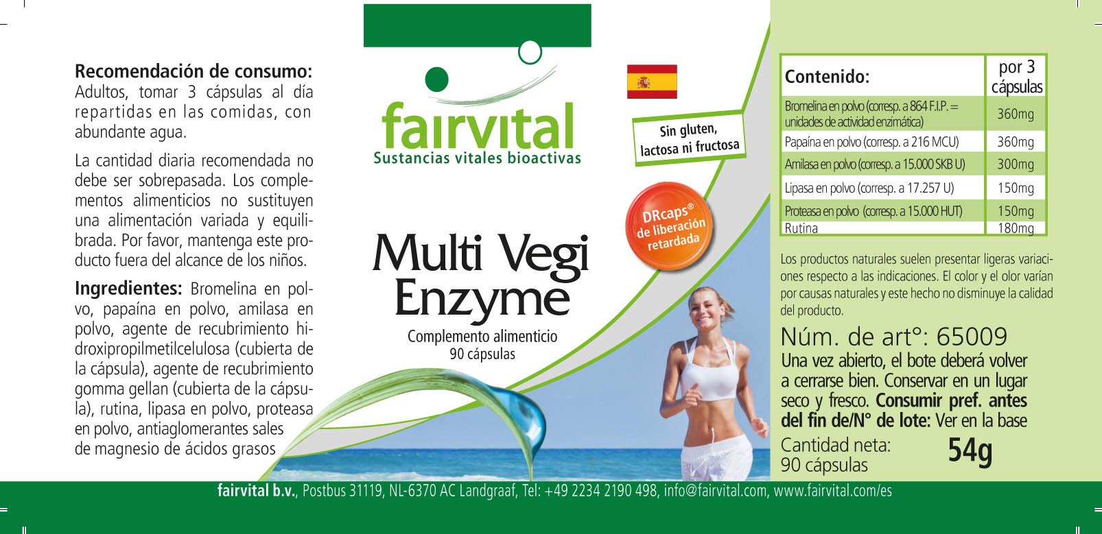 fairvital Multi Vegi Enzyme, 90 capsule, complesso enzimatico 100% vegetale con bromelina + papaina + amilasi + lipasi + lipasi + proteasi + rutina, a rilascio ritardato