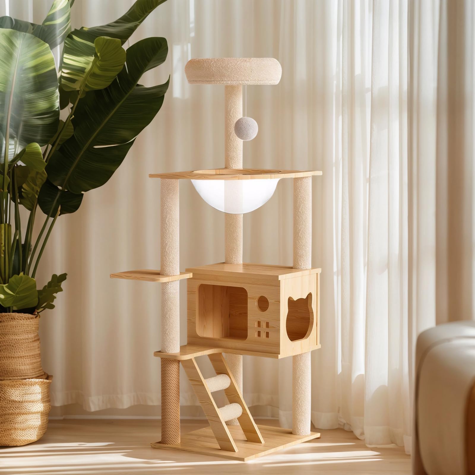 48.8" Modern Wooden Cat Tree Tower with Sisal Scratching Posts, Acrylic Hammock & Cozy Perch - Multi-Level Cat Condo for Indoor Cats (Beige)