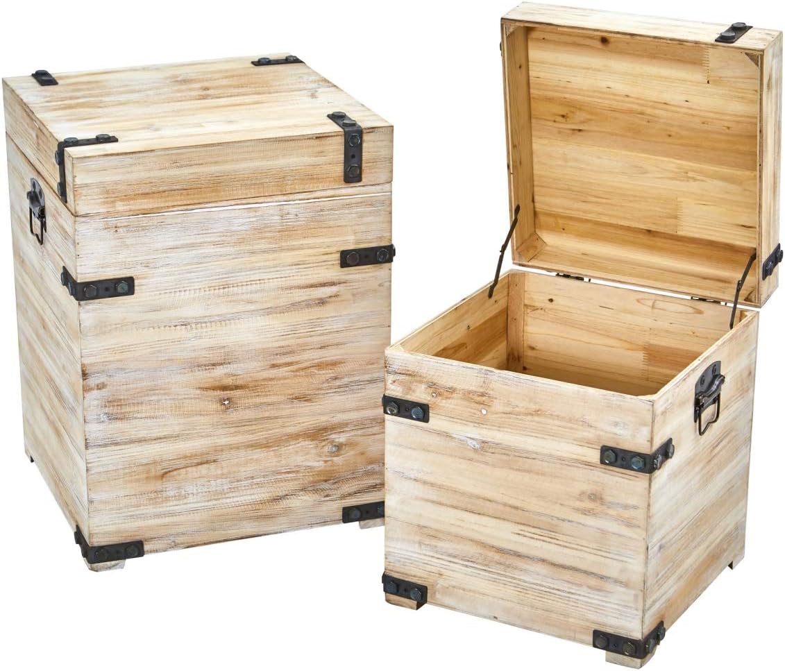 Decorative White Wash Storage Boxes-Trunks with Metal Detail (Set of 2)