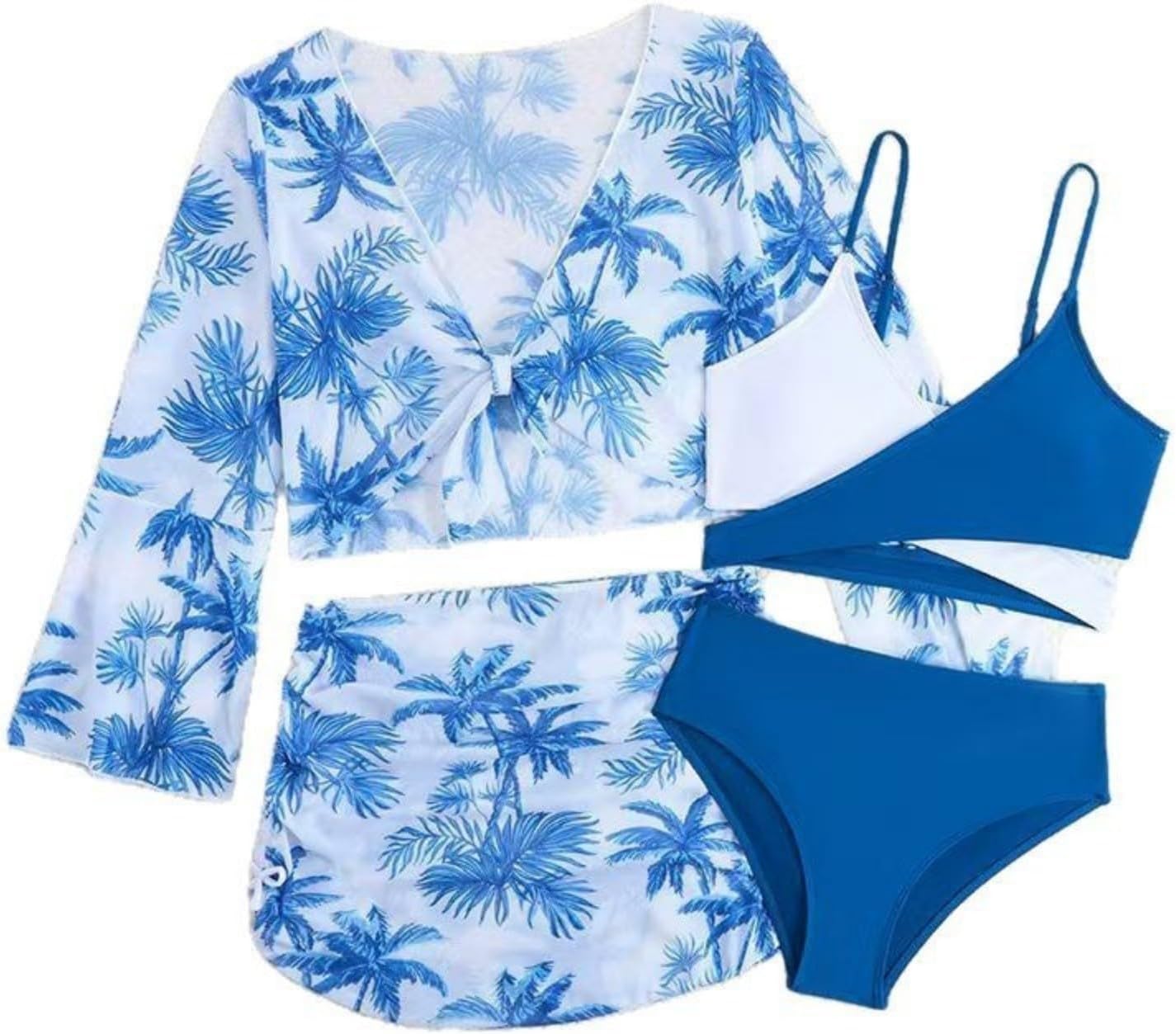 Girls Bikini Set Swimsuit Four Piece Quick Dry Cute Girls Bathing Suits Long Sleeve Print Pool Beach Sporty Cozy Swimwear