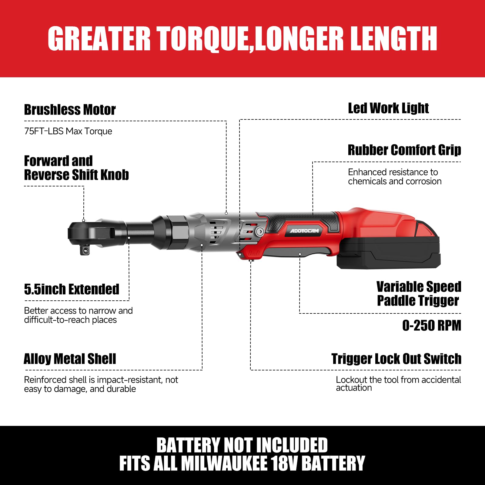 Milwaukee 18V Cordless Ratchet - 75 Ft-lbs Torque -6 Milwaukee 18V Cordless Ratchet - 75 Ft-lbs Torque -6