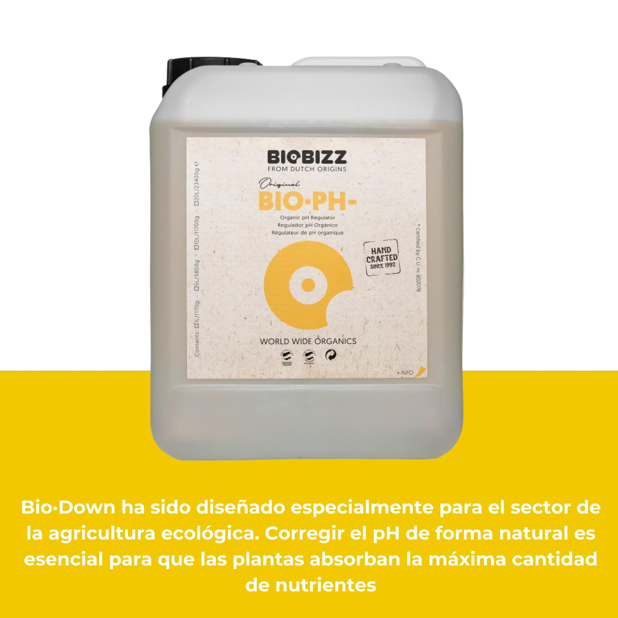 GROWMANIA Bio Down de BioBizz 5 l + échantillon Boost Up Nutrients + Verre doseur | Solution pH pour grands jardins | Assure une croissance optimale et la santé des plantes