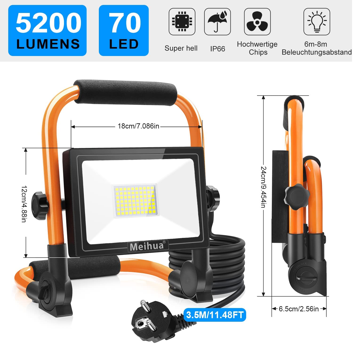 MEIHUA Reflektor budowlany LED 60 W, 5200 lm, 6500 K, IP66, wodoszczelny, przenośny reflektor budowlany 3,5 m, kabel 3,5 m, z wtyczką przełączającą, oświetlenie robocze do warsztatu, na plac budowy,