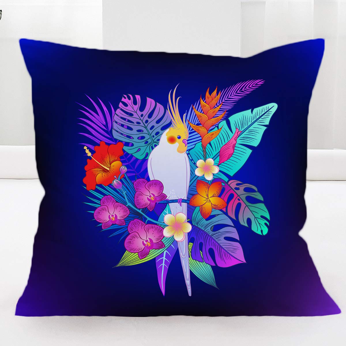 BlessLiving Tropical Macaw Parrot Cushion Cover Turquoise Purple Palm Leaves Exotic Bird Throw Pillow Case Pink Hibiscus Flowers Cushion Case for Room Bedroom Room Sofa Chair Car, (28x28 inch)