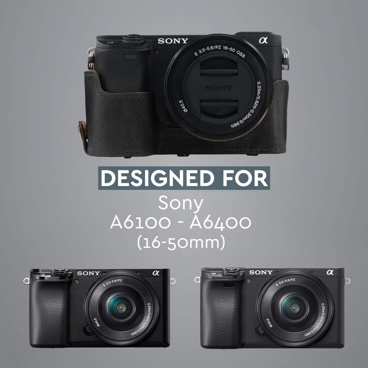 MegaGear Ever Ready - Custodia per fotocamera in vera pelle, compatibile con Sony Alpha A6100, A6400 (16-50 mm)
