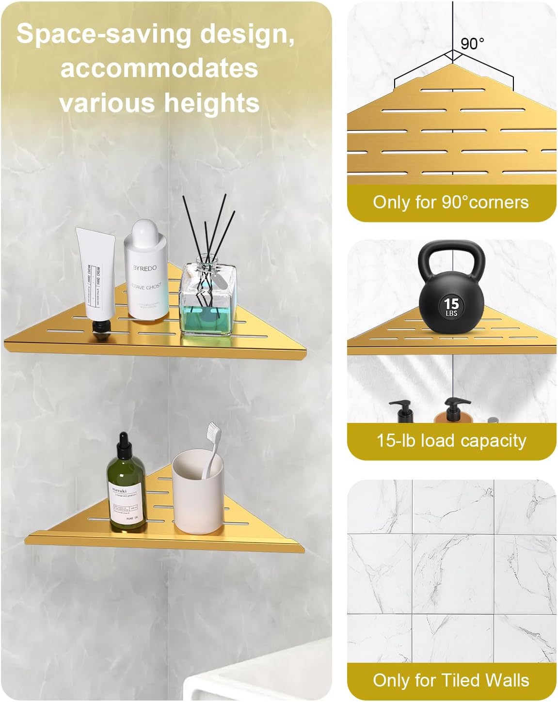 YACVCL Brushed Gold Corner Shower Shelf 304 Stainless Steel 10" Recessed Corner Shelf Bathroom for Tiled Wall,No Drilling Floating Shower Shelves Shampoo Holder, 2 Pack