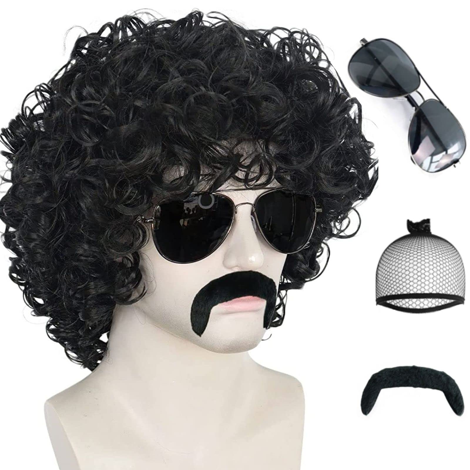 Ebingoo5Pcs Afro Wig Men+Necklace+Mustache+Glasses+Wig Cap Afro Wig for Men 70s Wig for Men 80s Wig Disco Wig Jerry Curl Wig 1980s Mens Wig Synthetic Hair for Mens Rocker Costume Halloween Party