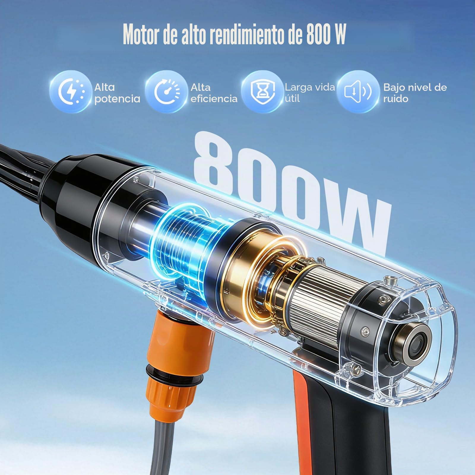 Hidrolimpiadora de Alta Presión a Batería 4000mAh x2, Boquilla 6 en 1, 7 m Longitud de la Manguera, Portátil Pistola de Agua a Presión para Coche, Hogar y Jardín