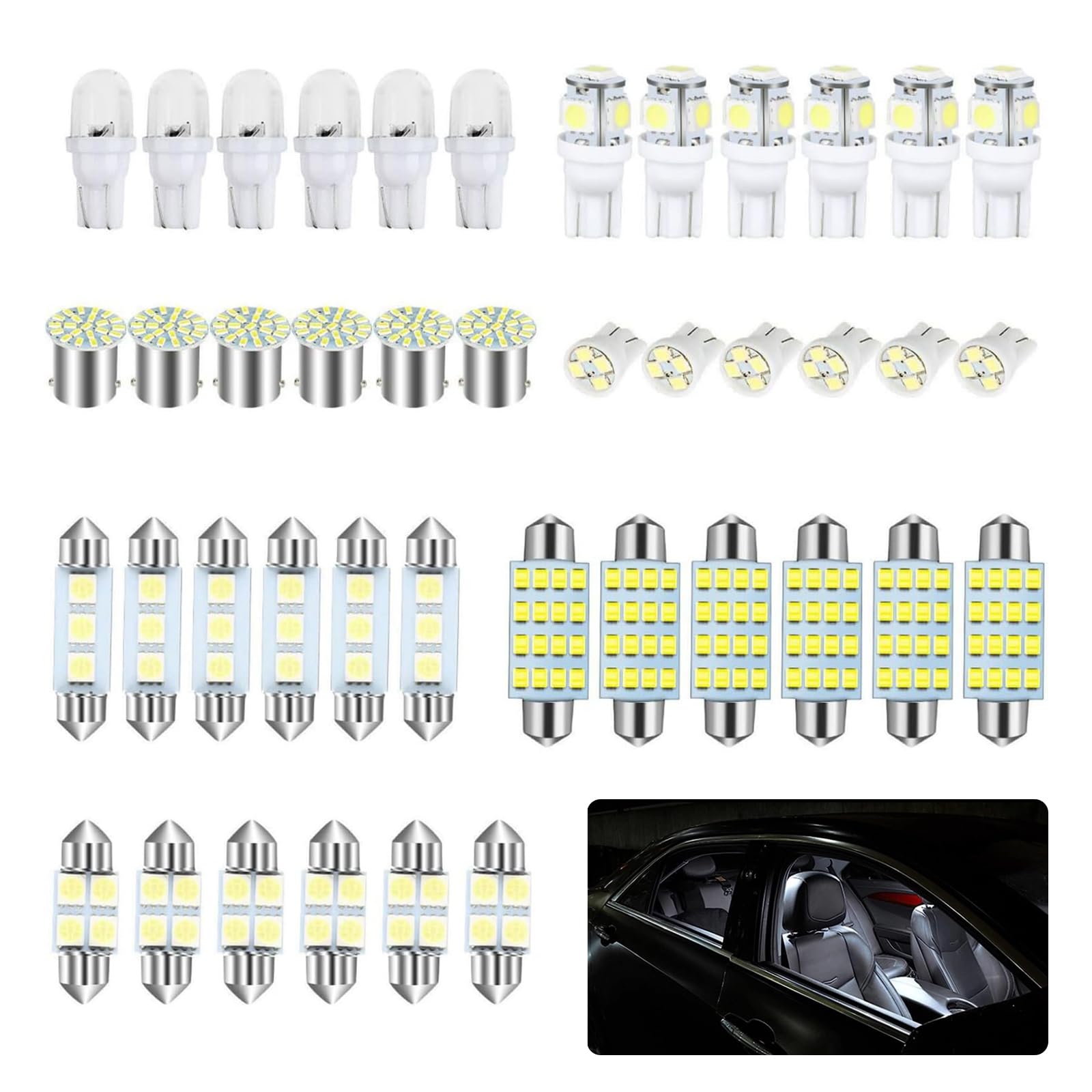 ZKFAR42 PCS Interior Lights LED Car Bulb Kit, 31mm/ 36mm/ 41mm/ T10/ 1156 LED Dome Light Festoon Bulbs, LED Replacement Bulbs for Car Dome Map Door Courtesy License Plate Lights (White)