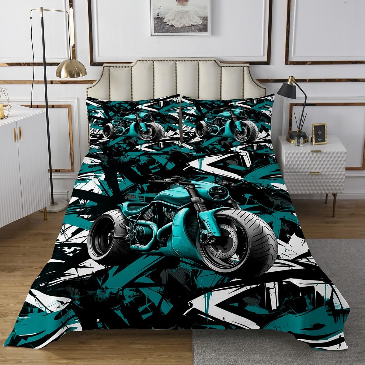 jejeloiu Kids Blue Green Dirt Bike Coverlet Set Twin Size Extreme Sport Bedspread for Boys Girls Teens Room Decor Motorcycle Racing Motocross Rider Cool Geometric Quilted Coverlet