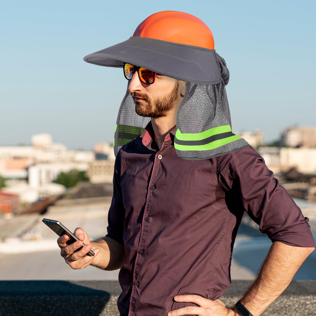 DOITOOL Protector Solar para Casco de Obra - Parasol de Seguridad con Visera - Cubre Cuello Sombra Pantalla - Malla de Poliéster Transpirable para Construcción Trabajo al Aire Libre y Jardinería